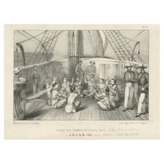 Antique Print of the Dance of the Women of Nuka Hiva Aboard the Zelee