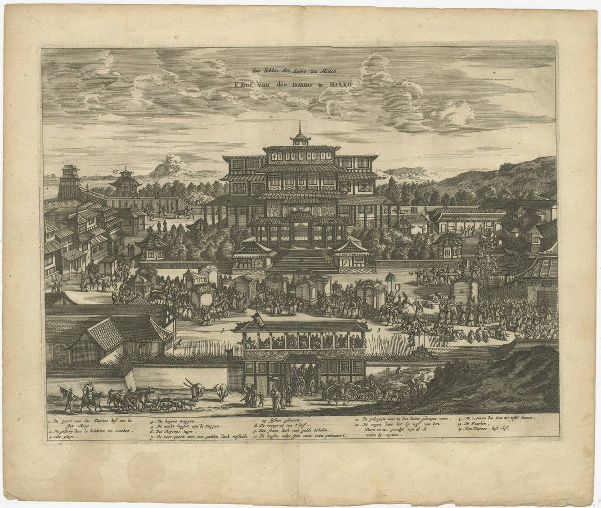 Antique Print of the Dayro's court in Miaco or Miyako in Honshu, Japan