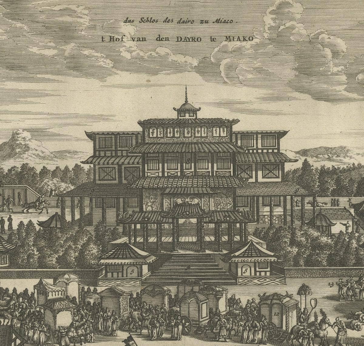 Antique Print of the Dayro's court in Miaco or Miyako in Honshu, Japan