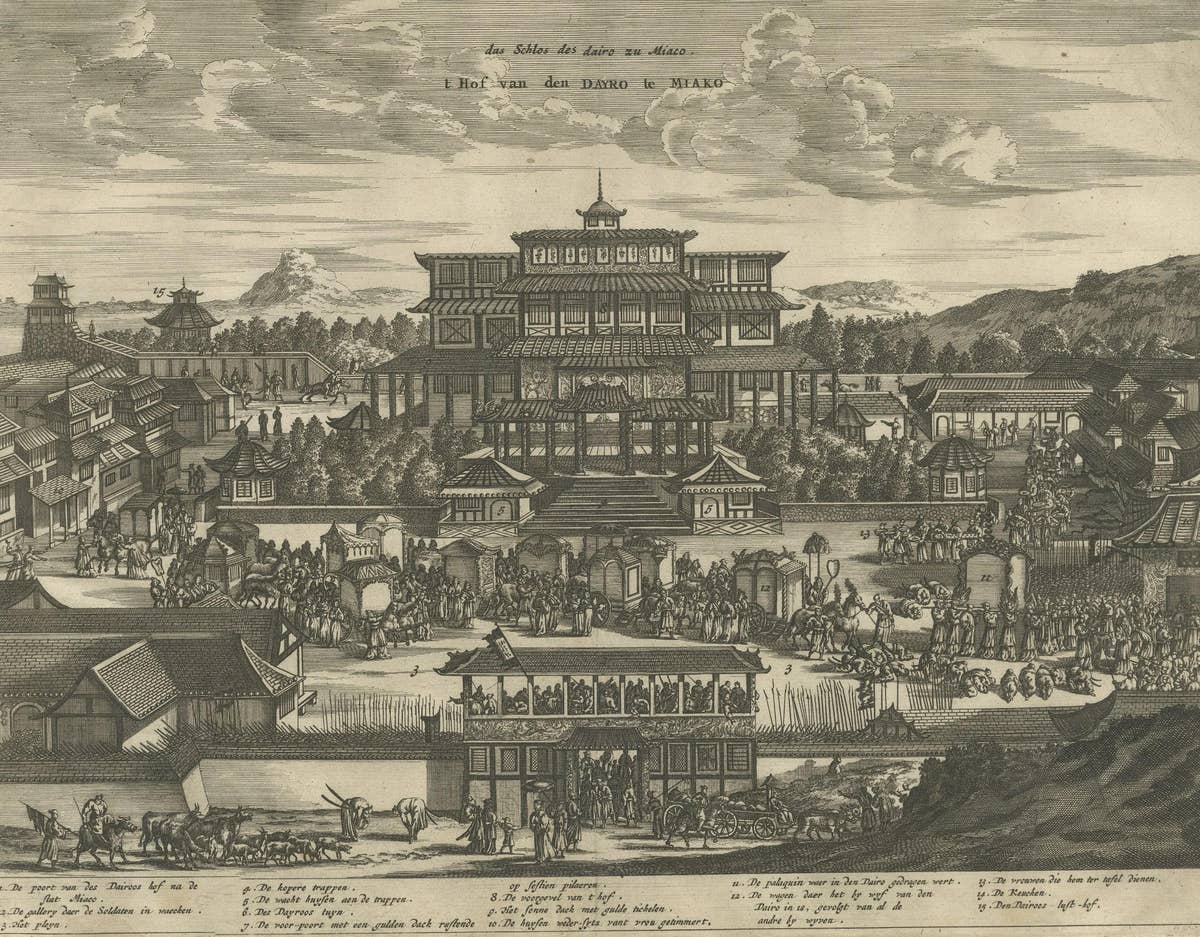 Antique Print of the Dayro's court in Miaco or Miyako in Honshu, Japan