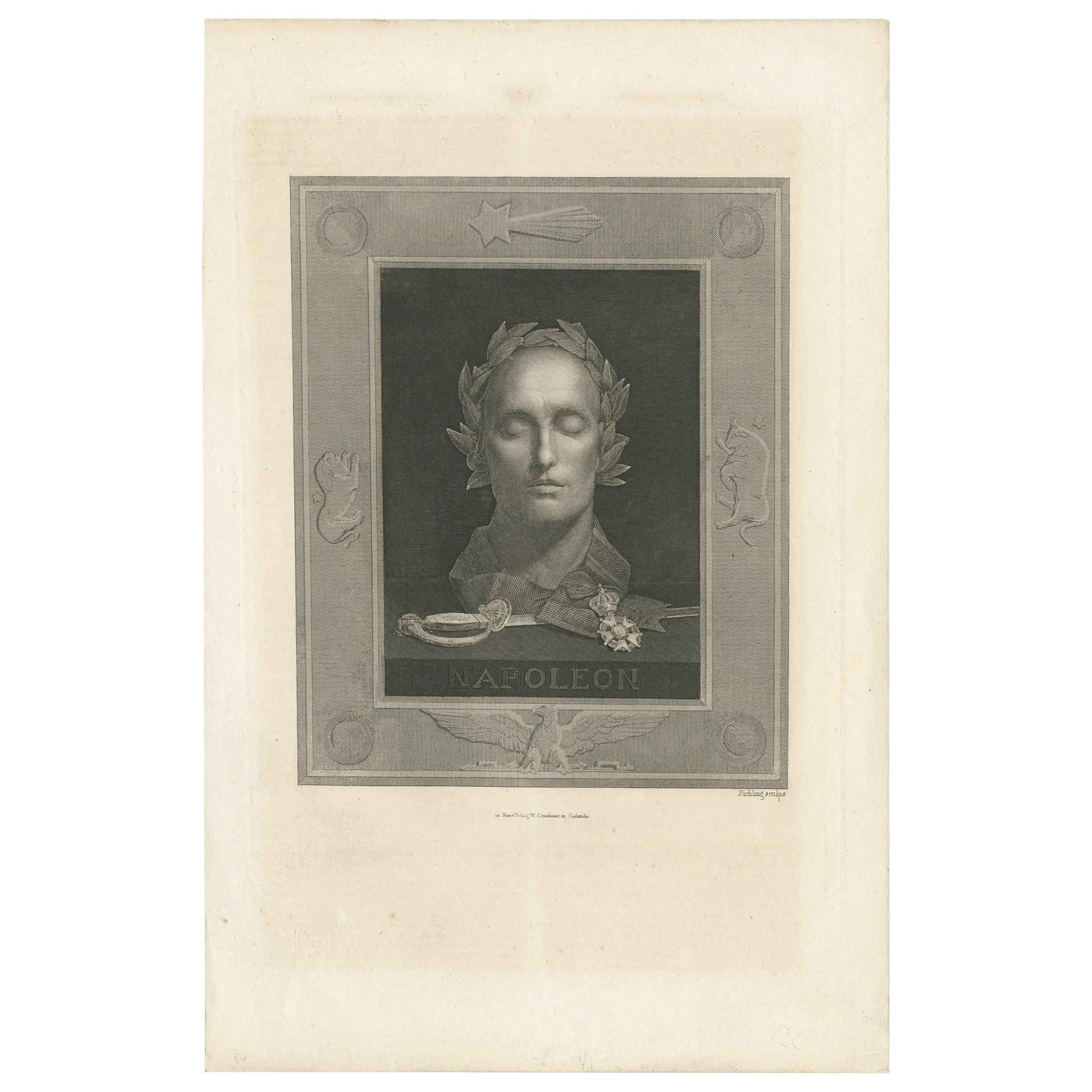 Impression ancienne du masque de mort de Napolon Bonaparte par Sichling, datant d'environ 1850 en vente