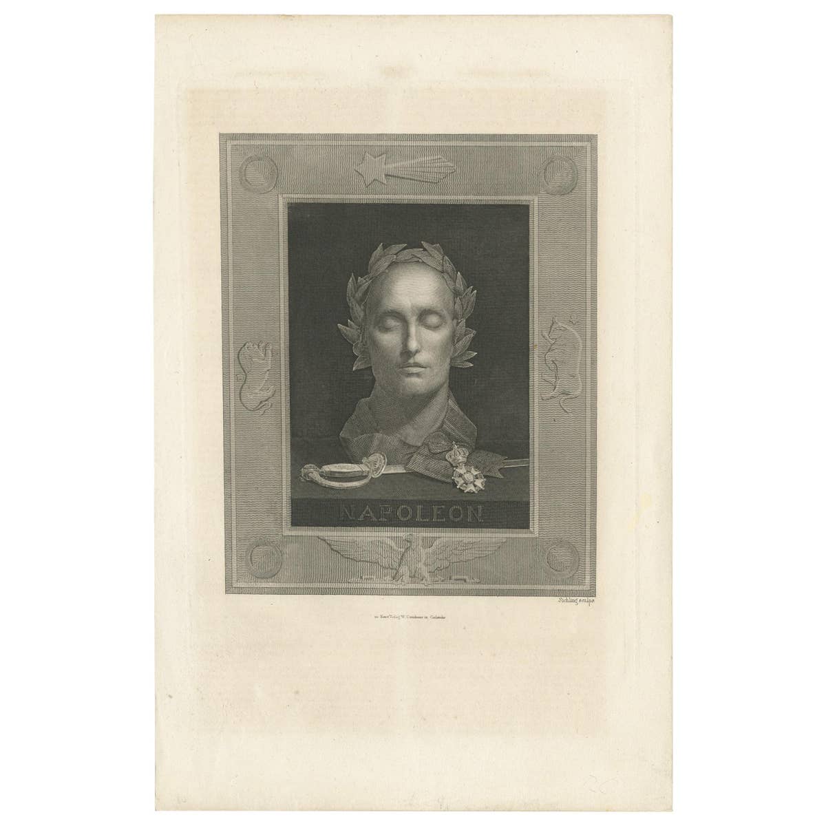 Antique Print of the Death Mask of Napoléon Bonaparte by Sichling, ca.1850