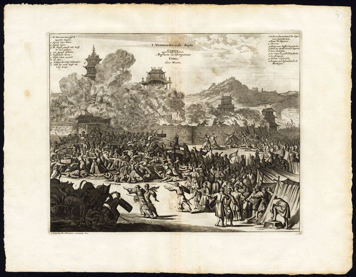 Antique print titled 't Vermoorden vande Keyser Cubus. / Massacre de l'Empereur Cubo, dans Meaco.' Engraving of the killing of Emperor Cubo at Kyoto, Japan. The city Kyoto was known by the name Miako by the Dutch, which means 'the seat of the