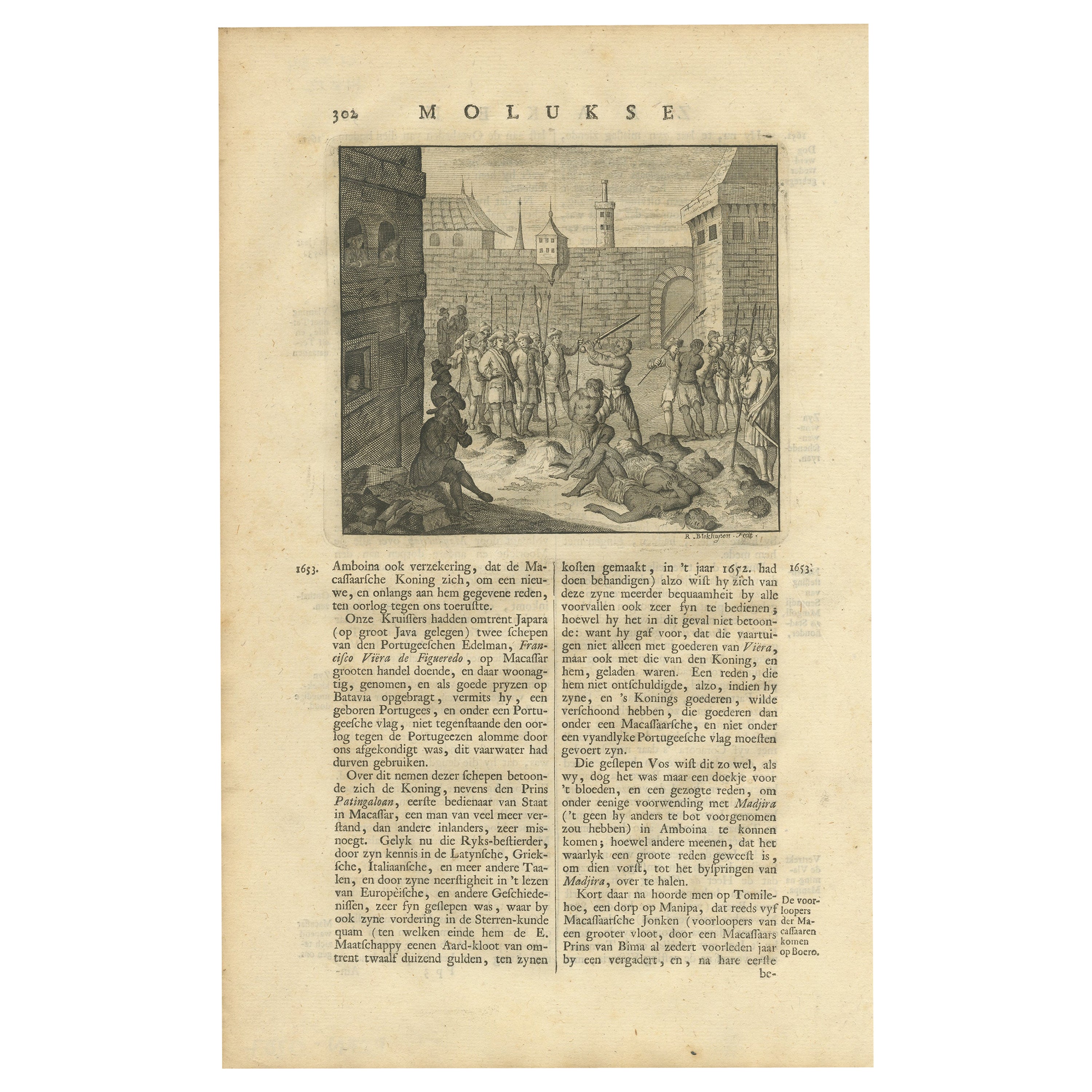 The Antiquities print of the Decapitation of Regent Antiques by Valentijn, 1726