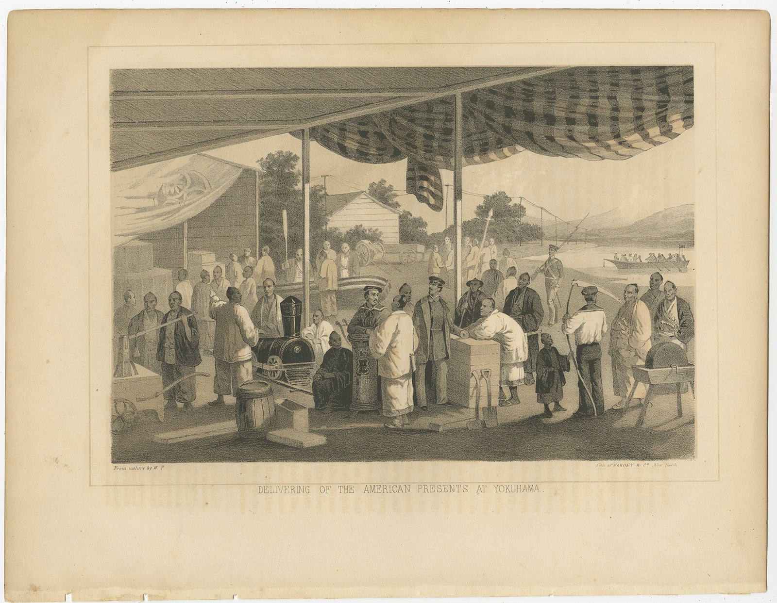 Antique print titled 'Delivering of the American presents at Yokuhama‘. Lithograph of the presentation of American products to the Japanese at Yokohama-shi, Japan. This print originates from 'Narrative of the expedition of an American squadron to