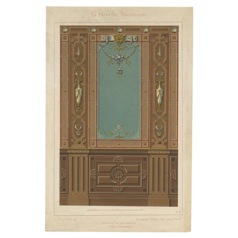 Antique Print of the Design of a Dining Room by Gruz, c.1860 For Sale