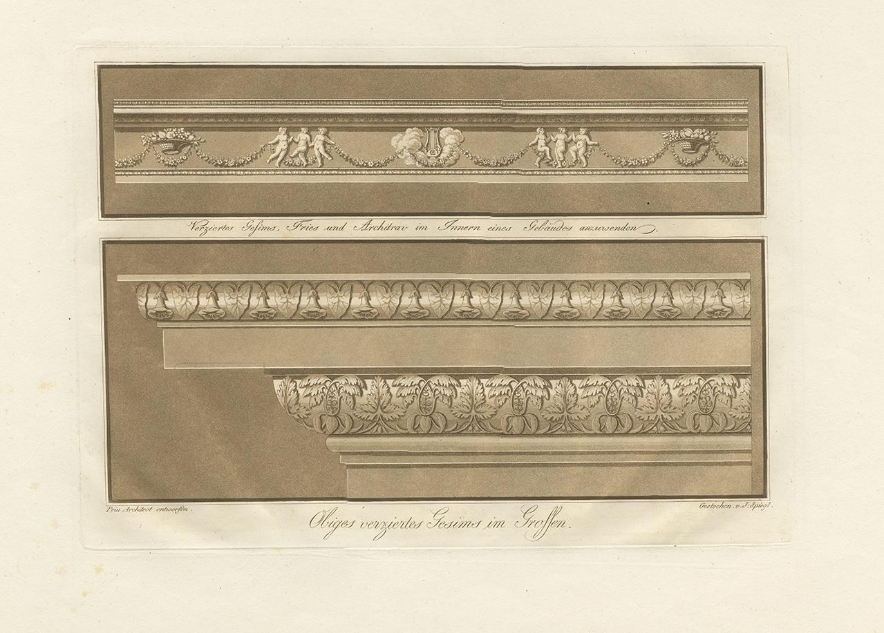 Antique print titled 'Verziertes Gesims, Fries und Architrau (..)'. Engraving in sepia tone showing the architectural elements of cornices. Engraved by J. Spiegl.