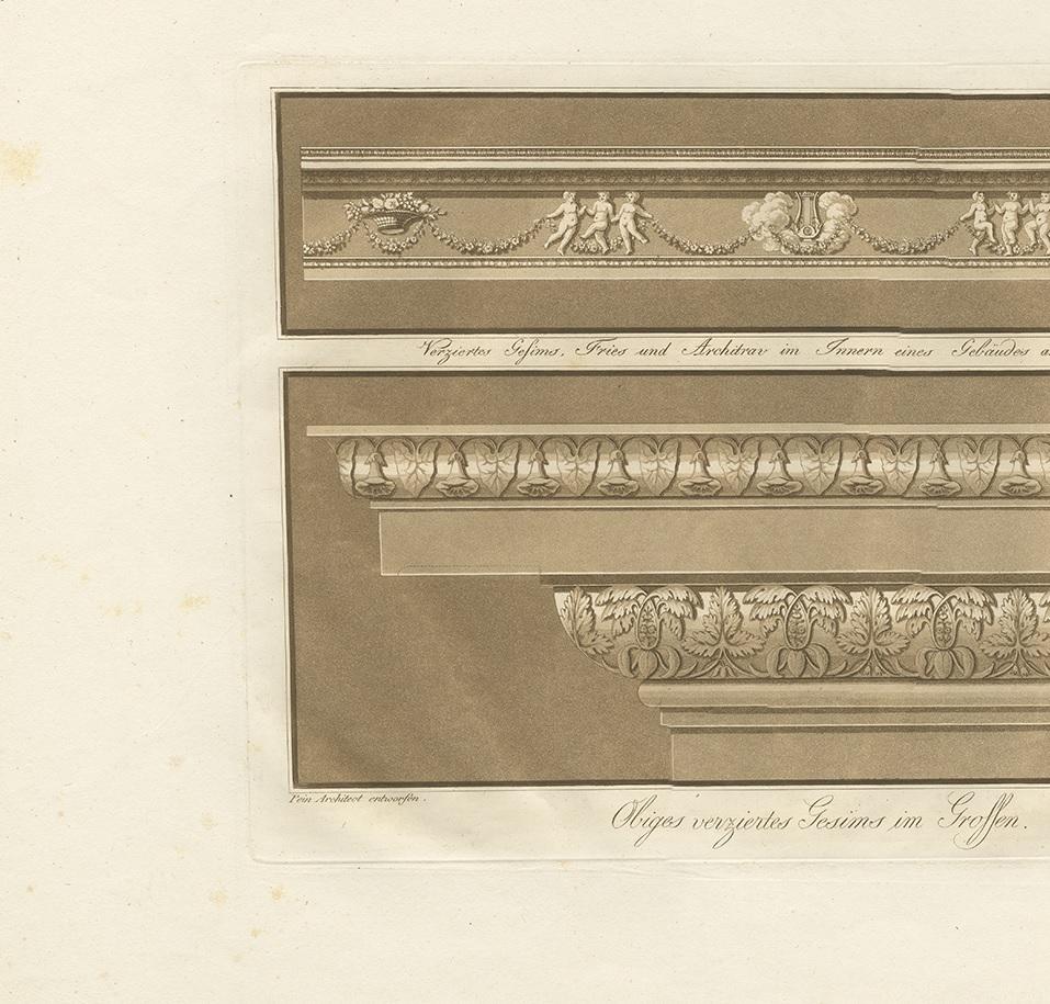 Antique Print of the Design of Cornices by Spiegl, circa 1730 In Good Condition For Sale In Langweer, NL