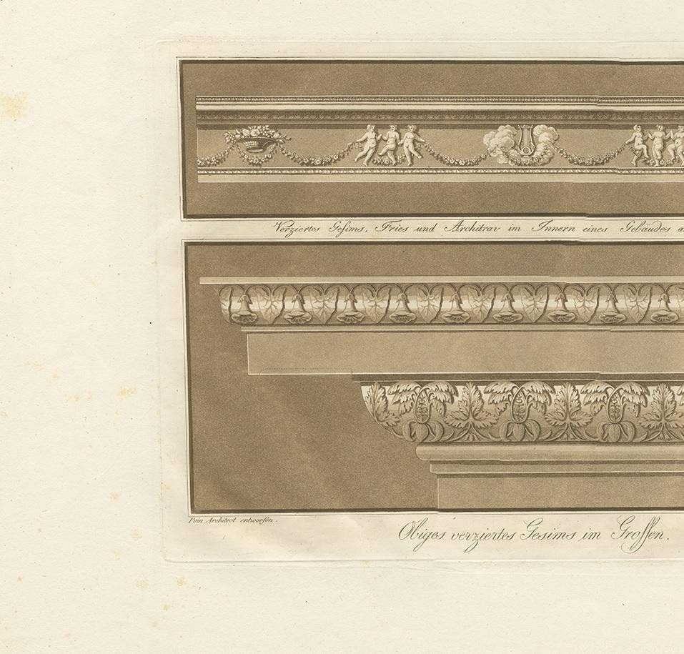 Antique Print of the Design of Cornices by Spiegl, circa 1730