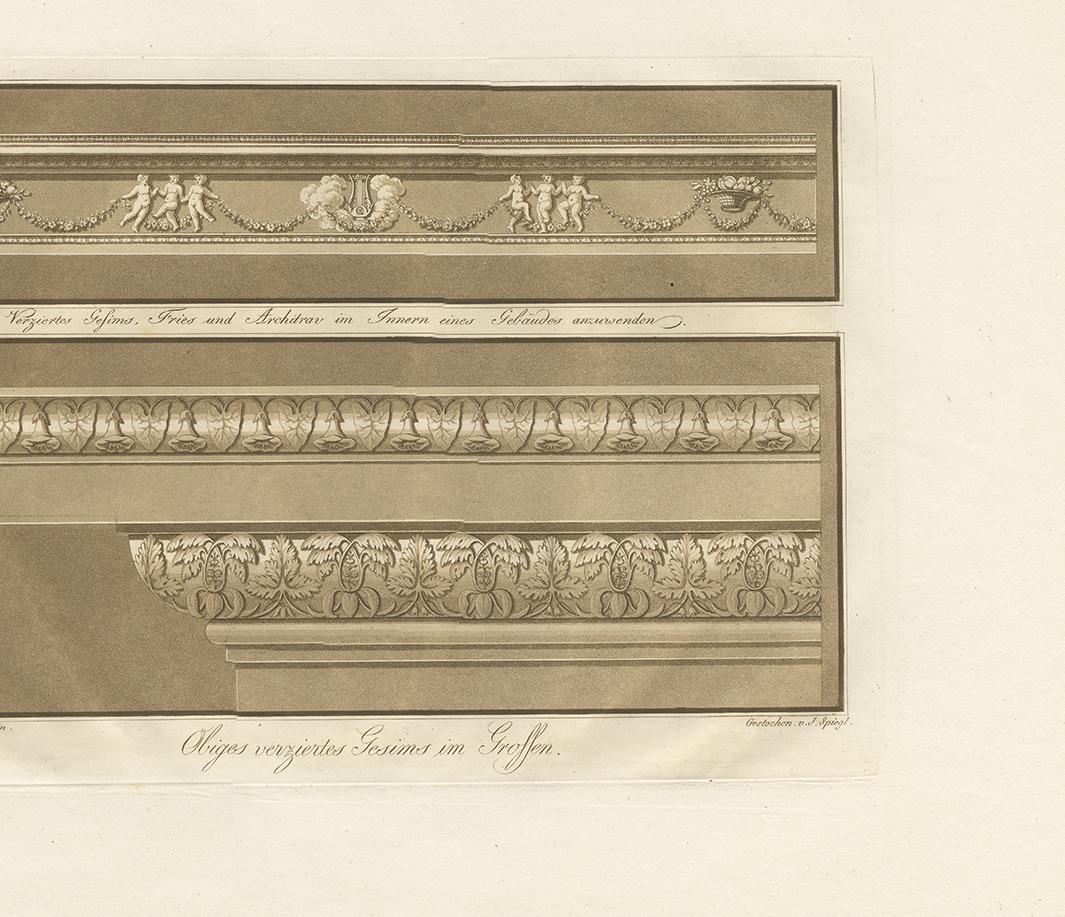 18th Century Antique Print of the Design of Cornices by Spiegl, circa 1730 For Sale