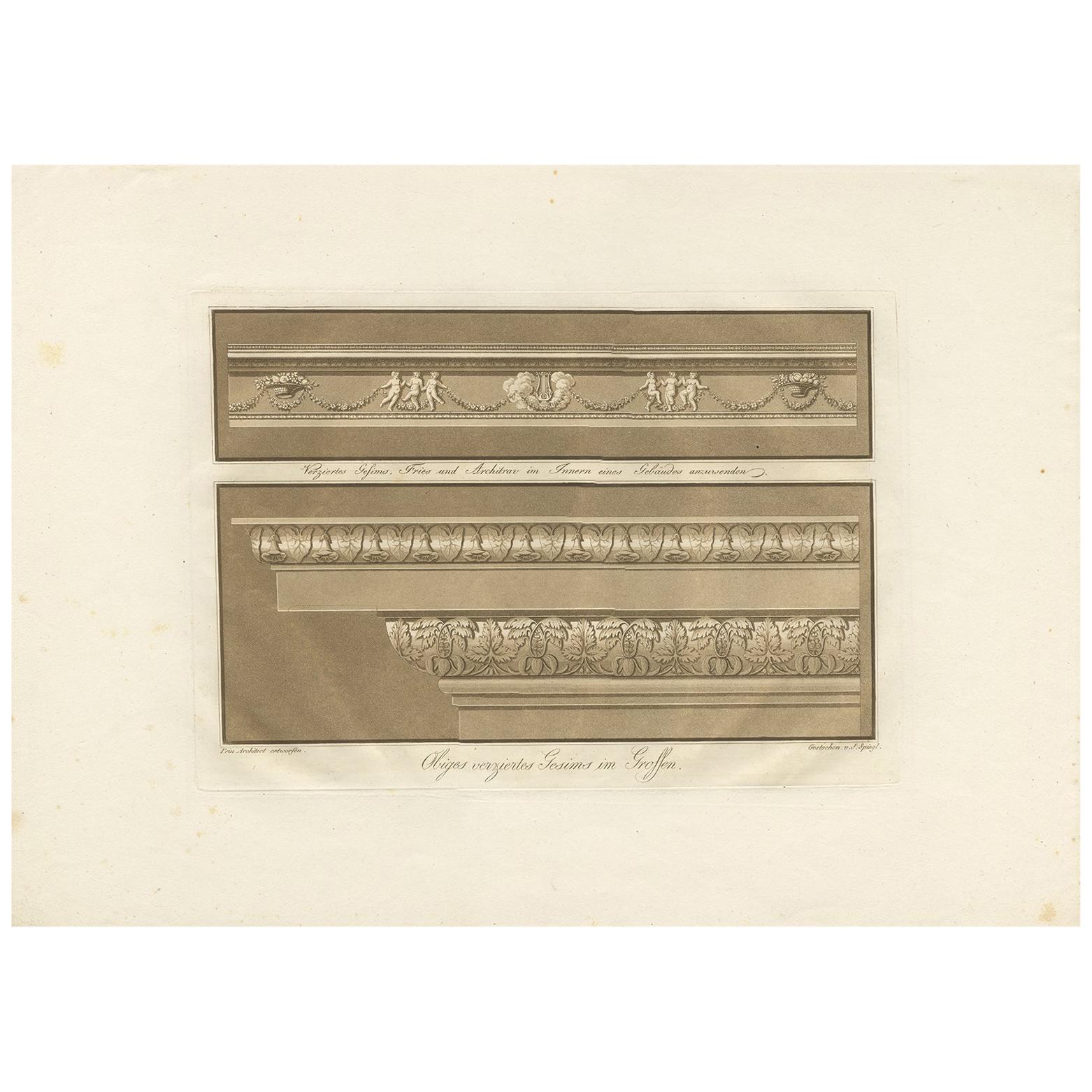 Antique Print of the Design of Cornices by Spiegl, circa 1730