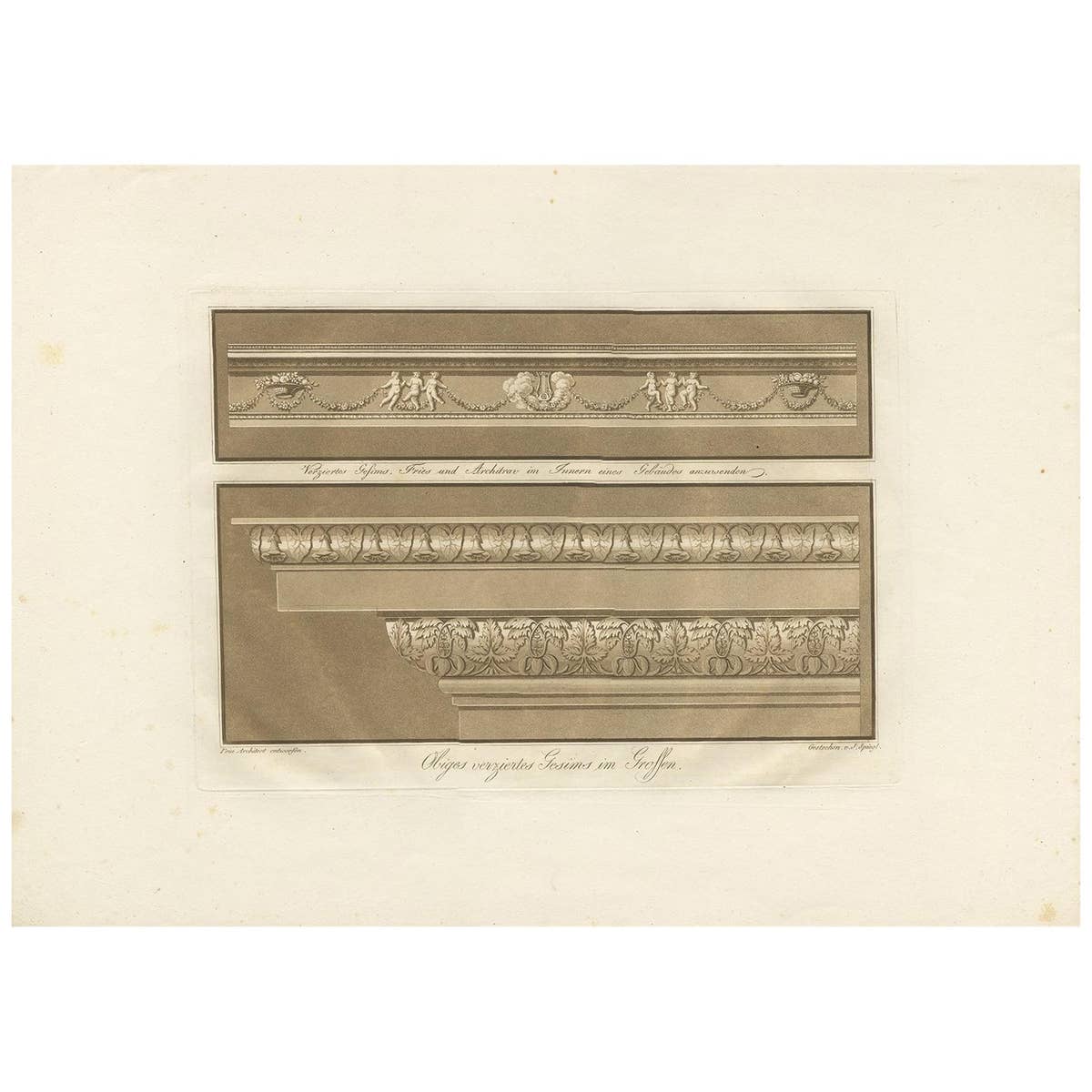 Antique Print of the Design of Cornices by Spiegl, circa 1730