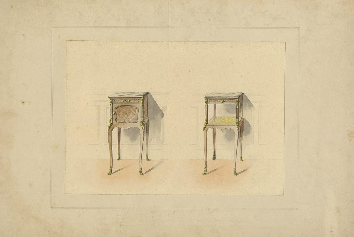 Antique print of the design of two sidetables/furniture. The print is hand colored, the handwritten notes below the print are erased. Trimmed and mounted to board.