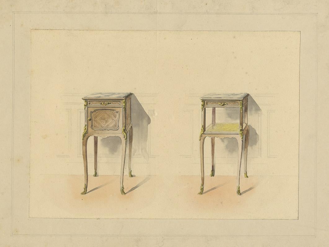 Antiker Druck des Designs von zwei Beistelltischen/Möbeln, um 1900 im Zustand „Gut“ im Angebot in Langweer, NL