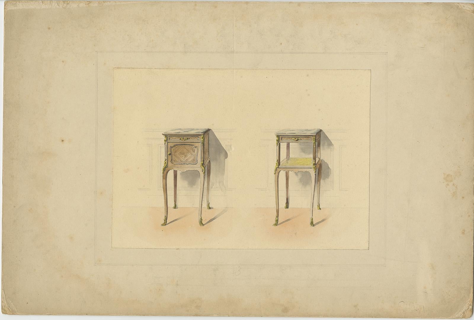 Antiker Druck des Designs von zwei Beistelltischen/Möbeln, um 1900 (20. Jahrhundert) im Angebot