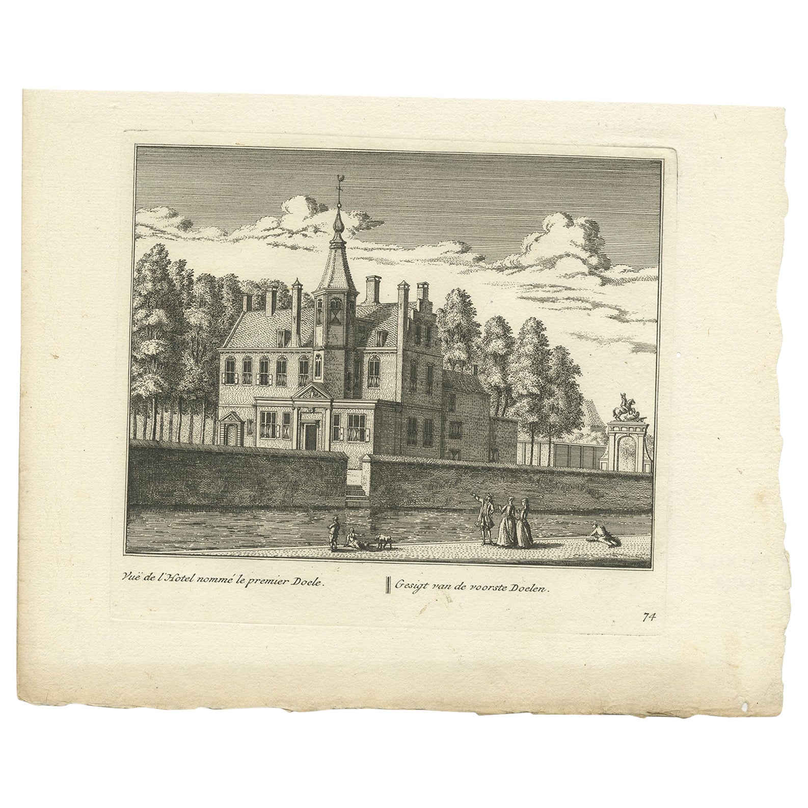 Antiker Druck des Hofes des „Doelen“ der Universität Leiden, Holland, um 1800