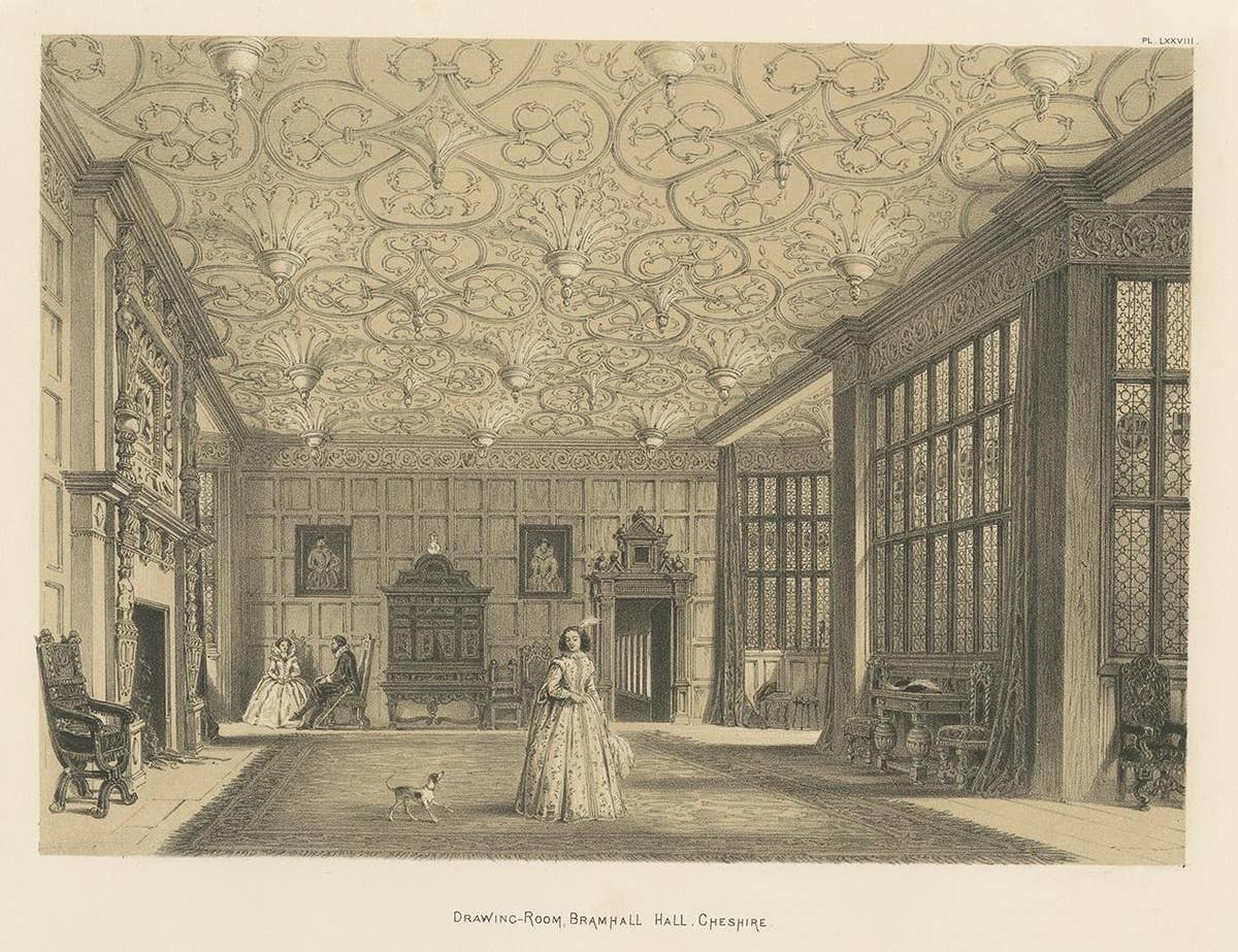 Antique Print of the Drawing Room of Bramhall Hall by Nash, circa 1870