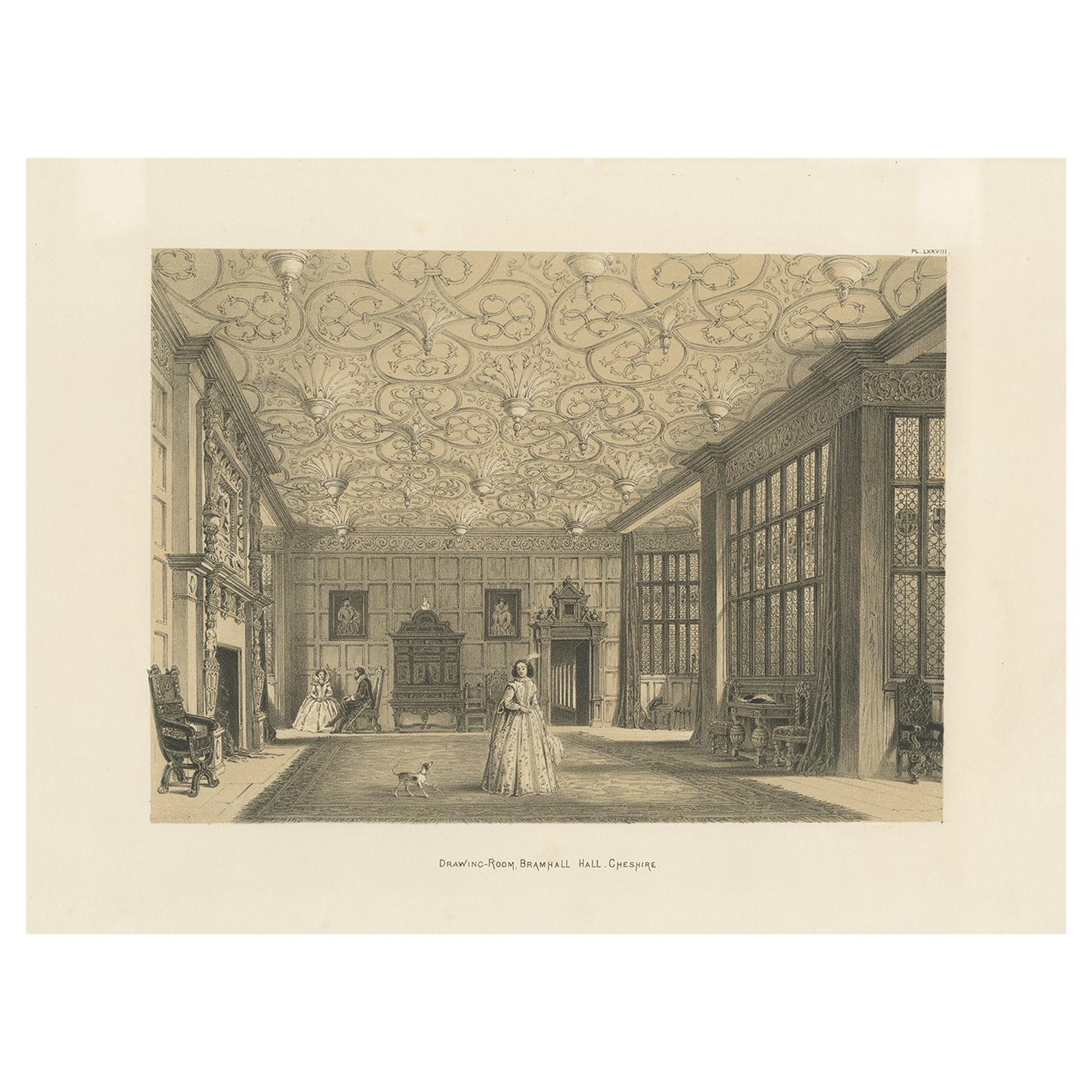 Antique Print of the Drawing Room of Bramhall Hall by Nash, circa 1870
