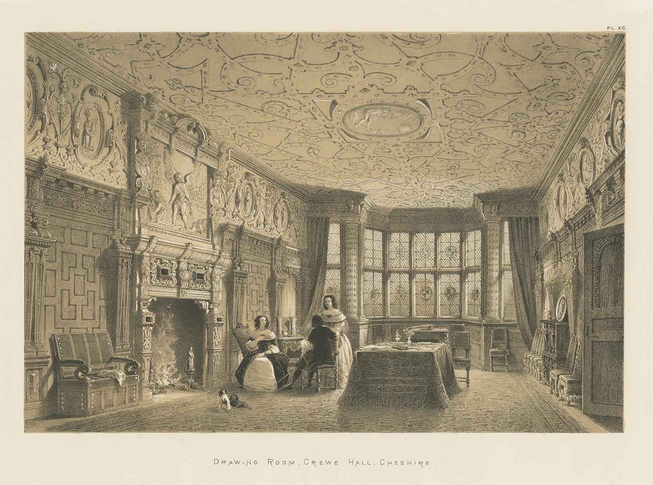Antique print titled 'Drawing Room. Crewe Hall, Cheshire'. Lithograph of the drawing room of Crewe Hall, a Jacobean mansion located near Crewe Green, east of Crewe, in Cheshire, England. This print originates from 'The Mansions of England in the