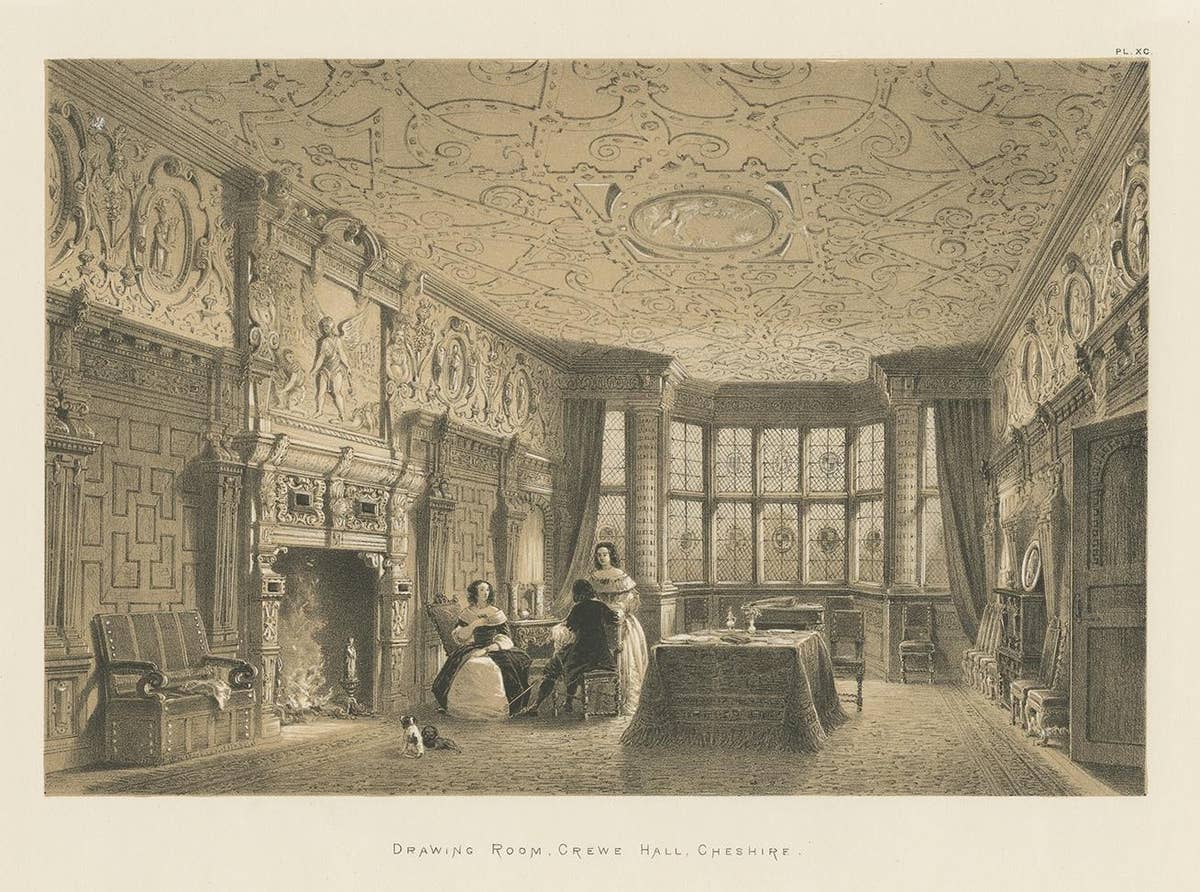 Antique Print of the Drawing Room of Crewe Hall by Nash, circa 1870