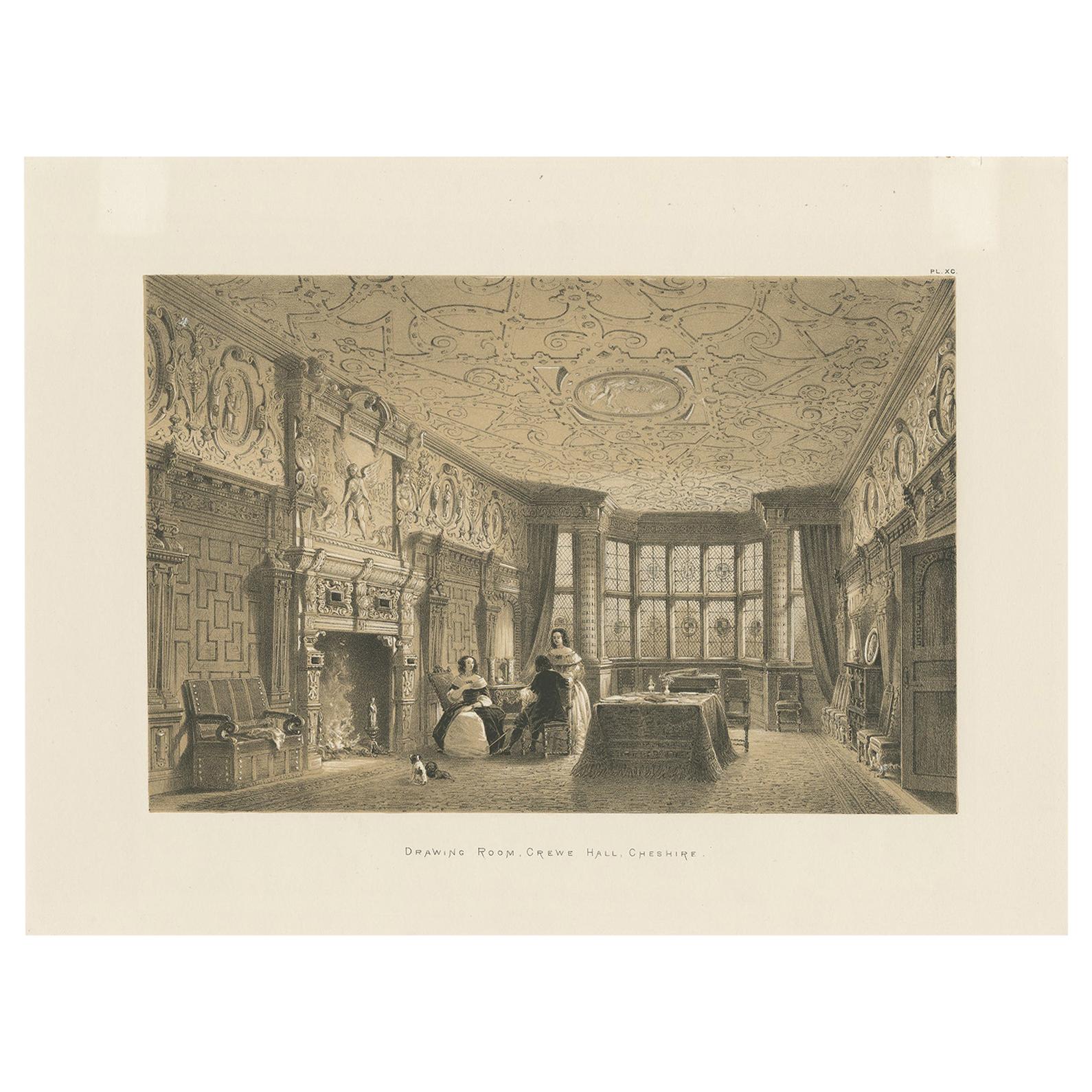 Antique Print of the Drawing Room of Crewe Hall by Nash, circa 1870