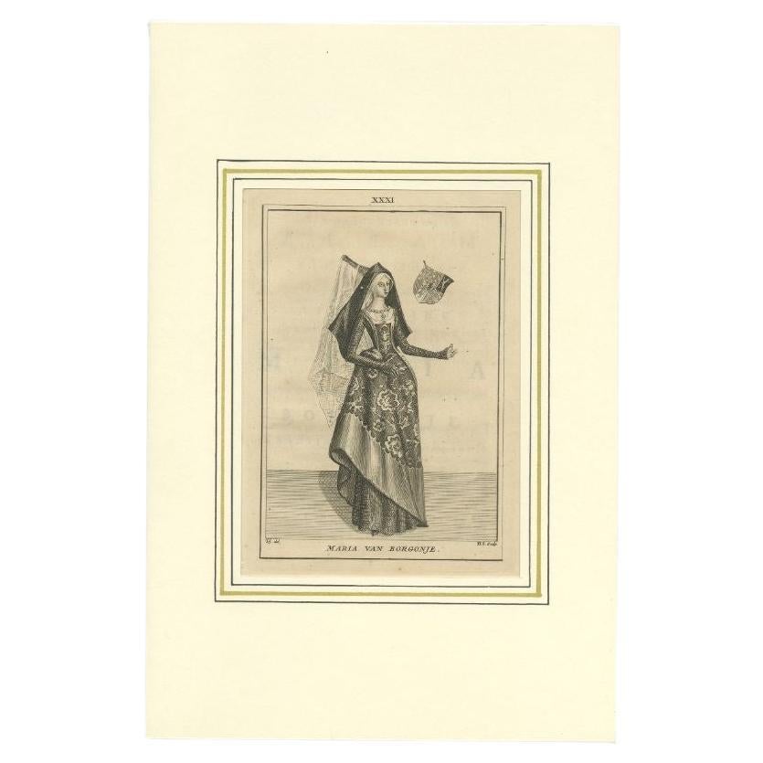 Antique Print of the Duchess Mary of Burgundy, 1745 For Sale