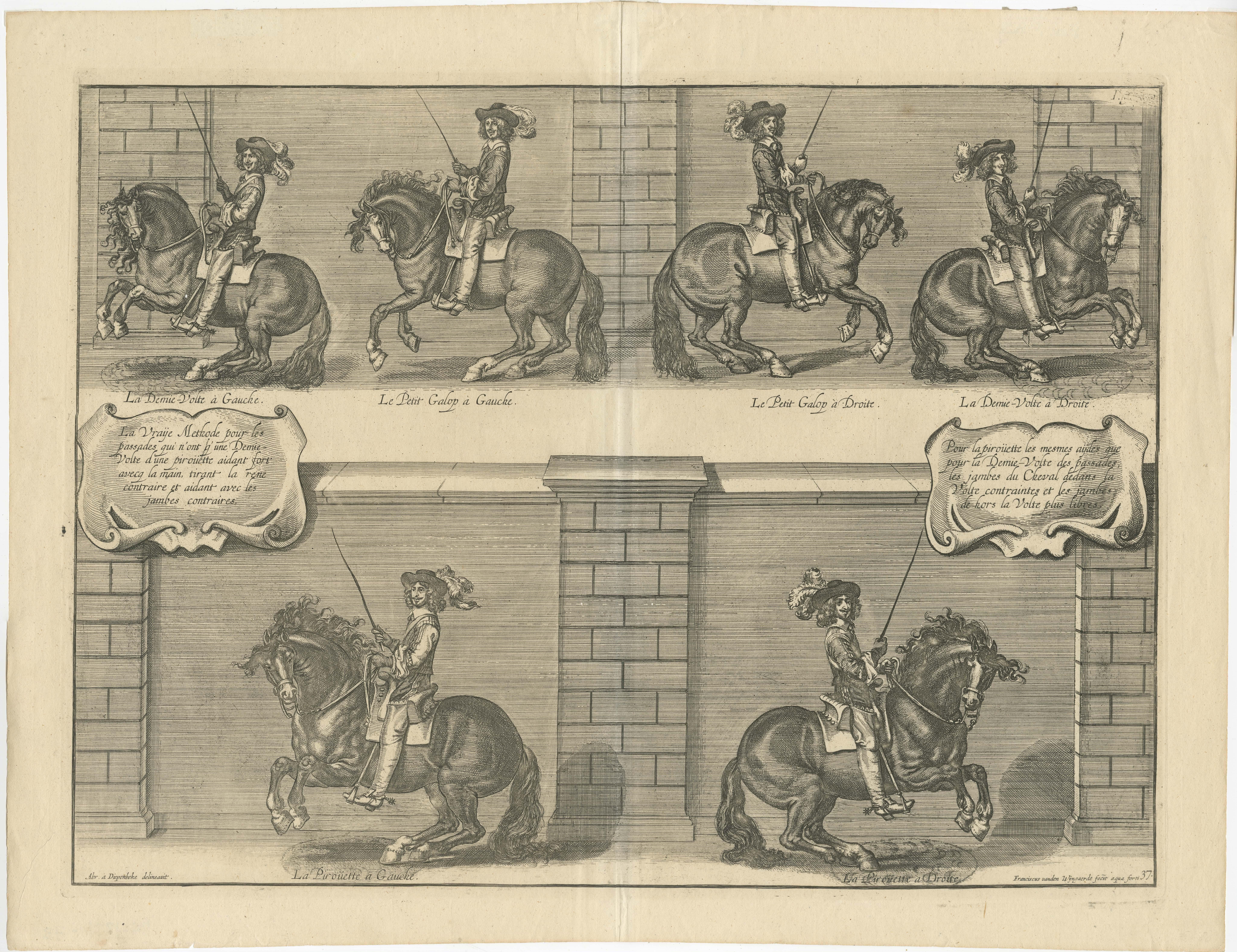 Antique print titled 'La Vraije Methode pour les passades'. Original old print of the Duke of Newcastle enacting half turns, canters and pirouettes on horseback. This print originates from the 1737 English edition of Cavendish's exposition on the