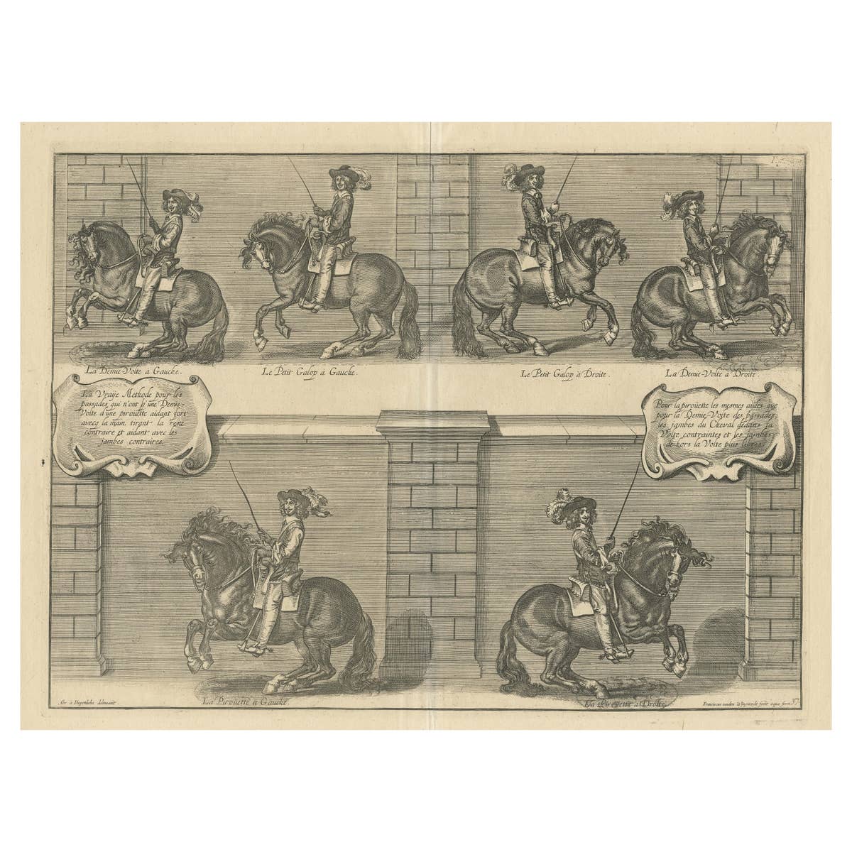 Antique Print of the Duke of Newcastle on a Horse Showing Equestrian Dressage