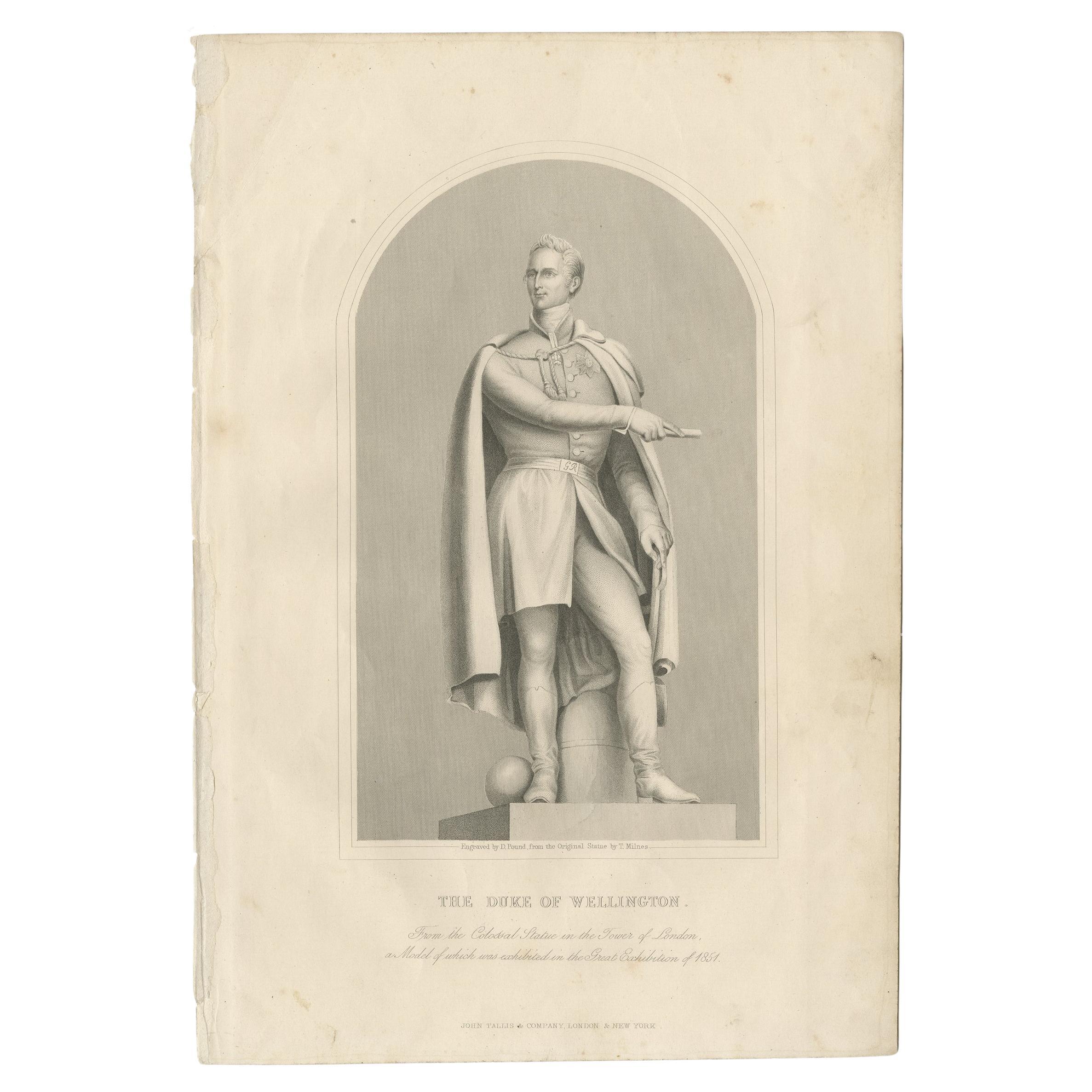 Antique portrait titled 'The Duke of Wellington'. Engraved by D. Pound from the original statue by T. Milnes in the Tower of London. This print originates from 'The British Colonies, their history, extent, condition and resources', by Montgomery