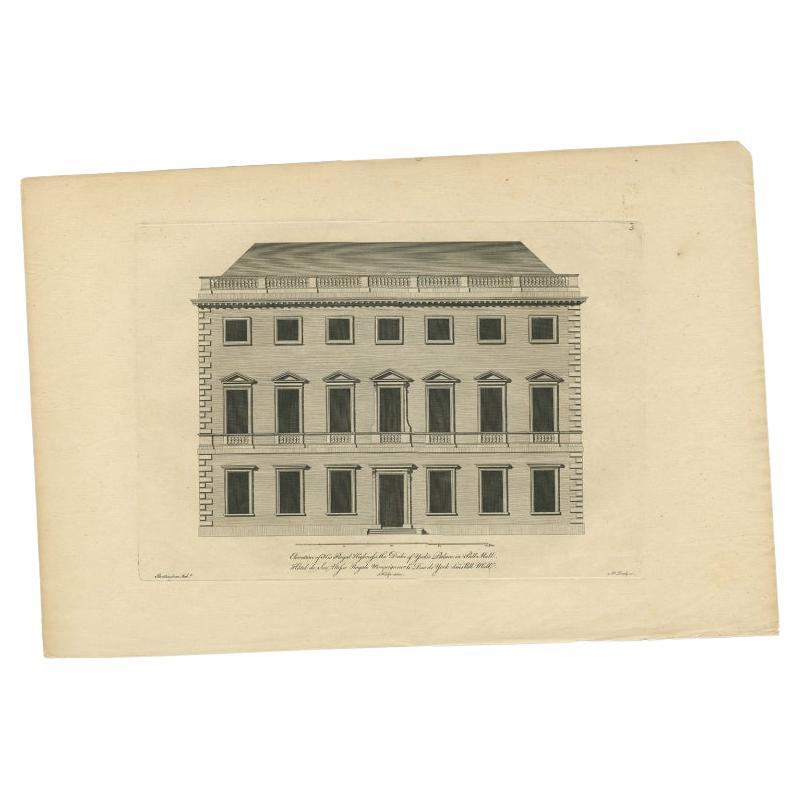 Antique Print of the Duke of York's Palace by Woolfe, c.1770 For Sale