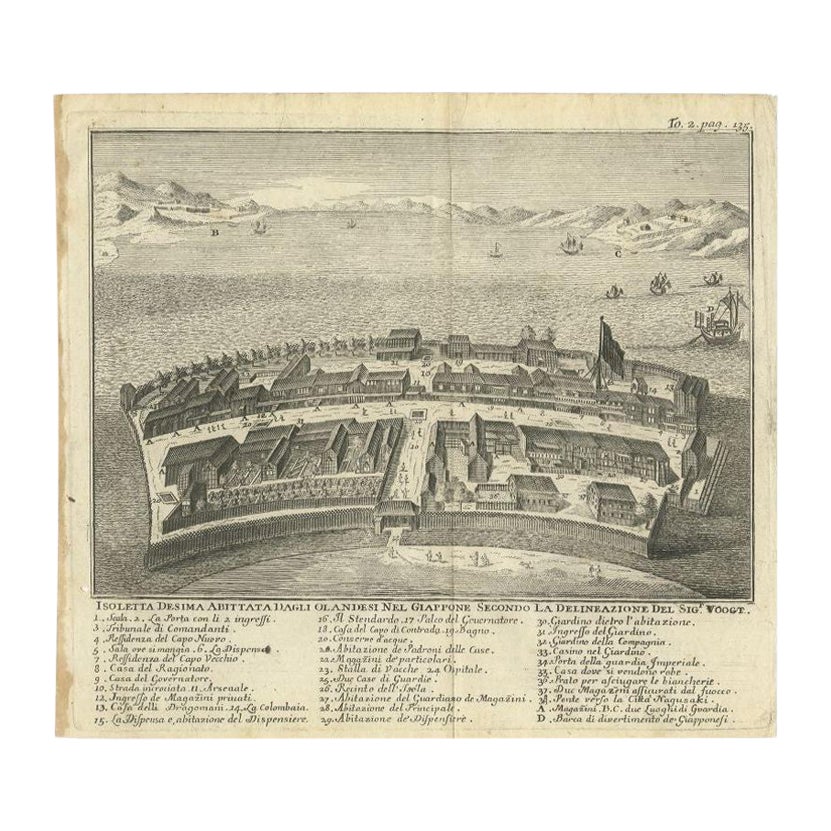 Antiker Druck des niederländischen Handelspost-Deshima in Japan, 1738 im Angebot
