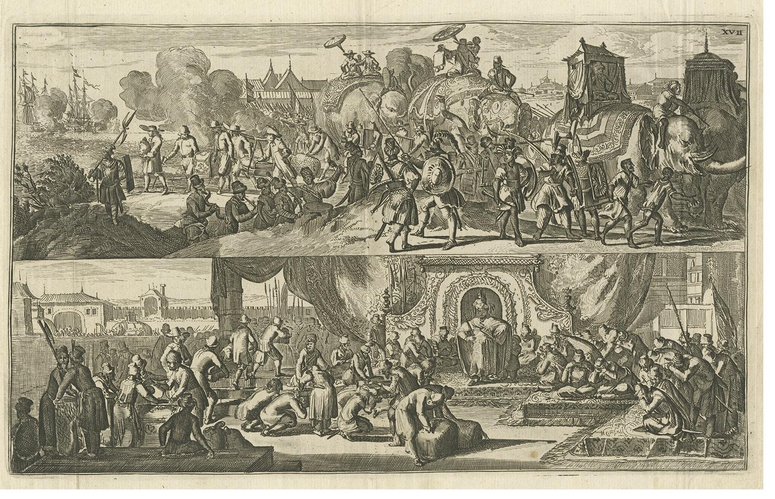 Antique print of the Dutch (VOC) visiting the court of the king of Arakan (Rakhine). 

Shows VOC ships and the Dutch on shore carrying gifts, riding elephants and visiting the court or the King of Arakan. This print originates from 'Reistogt naar en