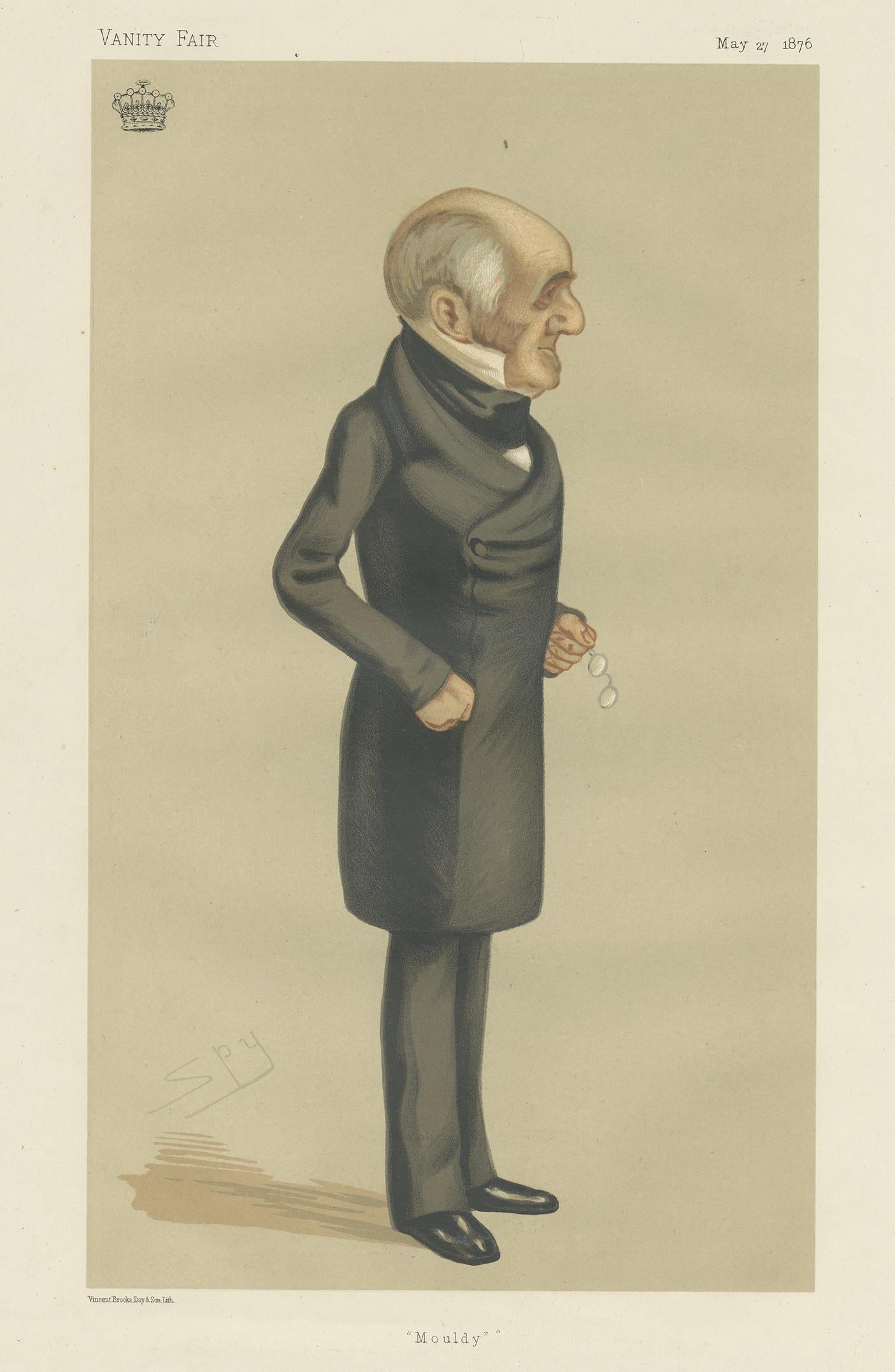 Antique print titled 'Mouldy'. Edward James Herbert, 3rd Earl of Powis (5 November 1818–7 May 1891), styled Viscount Clive between 1839 and 1848, was a British peer and politician. This caricature print originates from the Vanity Fair of May 27,