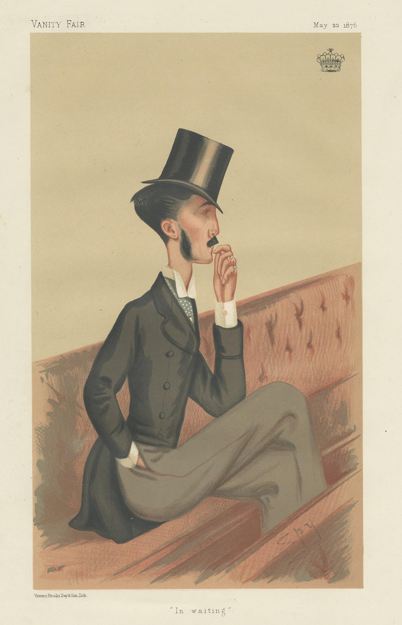 Antique print titled 'In Waiting'. Robert Jocelyn, 4th Earl of Roden (22 November 1846-10 January 1880), styled The Honourable Robert Jocelyn until 1854 and Viscount Jocelyn from 1854-1870, was an Anglo-Irish conservative politician. This caricature