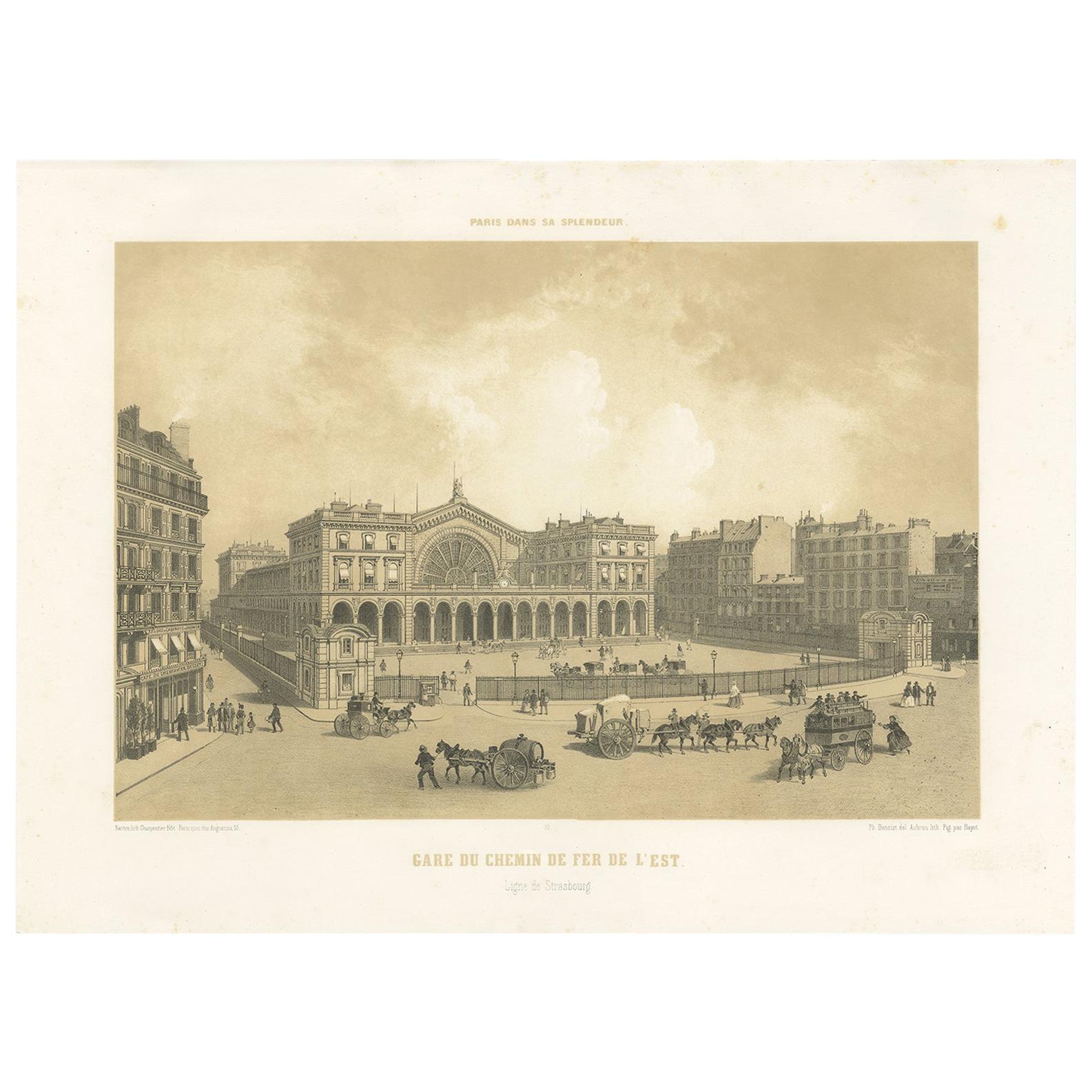 Antique Print of the East Station in Paris by Benoist, '1861' For Sale