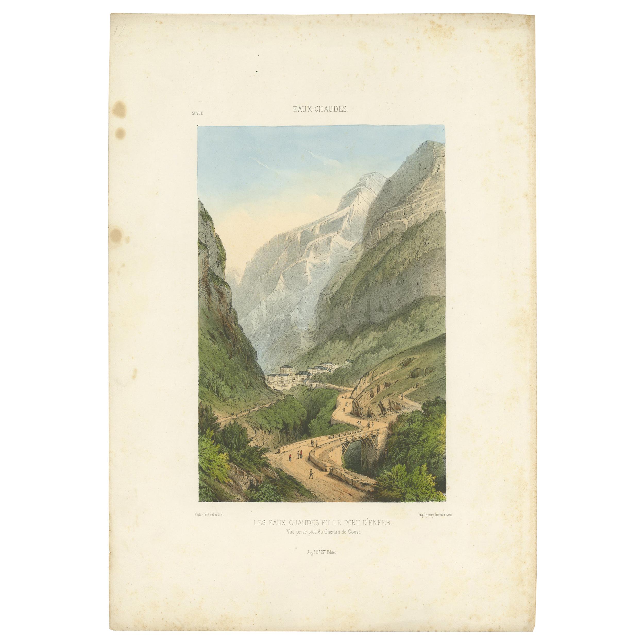 Antique Print of the Eaux-Chaudes Valley and Bridge by Bassy, 'c.1890' For Sale