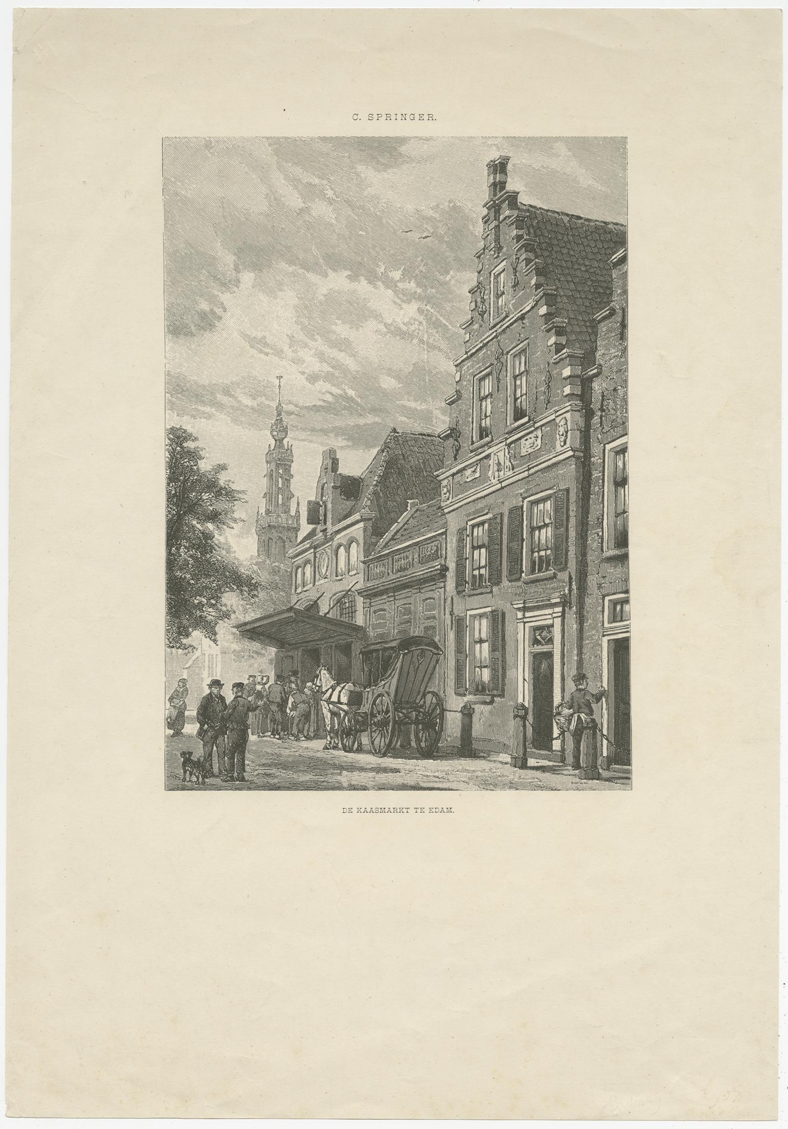 Antique Print of the Edam Cheese Market in Holland, circa 1900