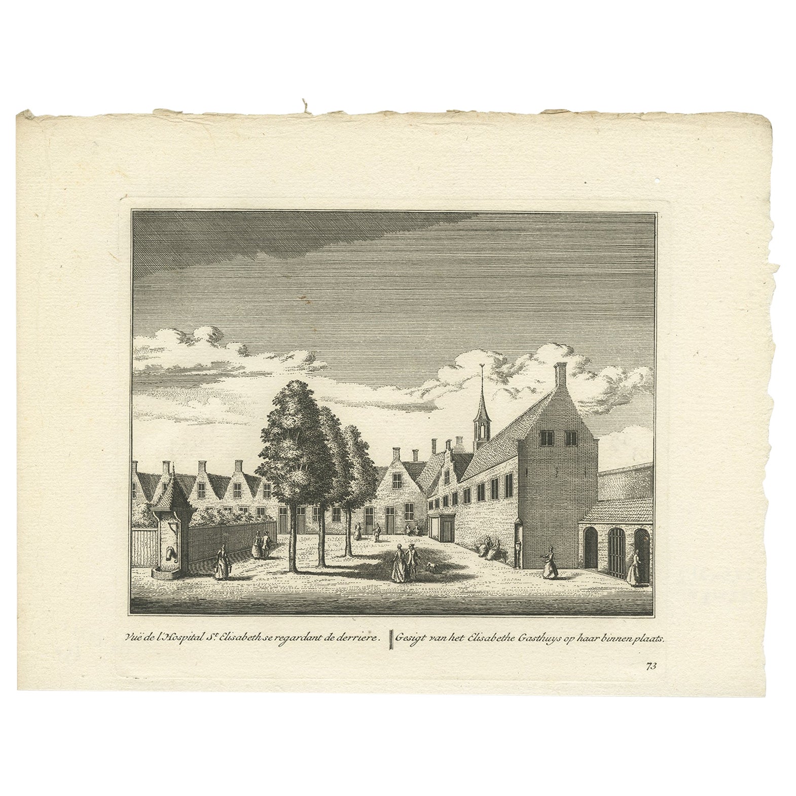 Antiker Druck des Elisabeth-Krankenhauses in Leiden, Niederlande, um 1800