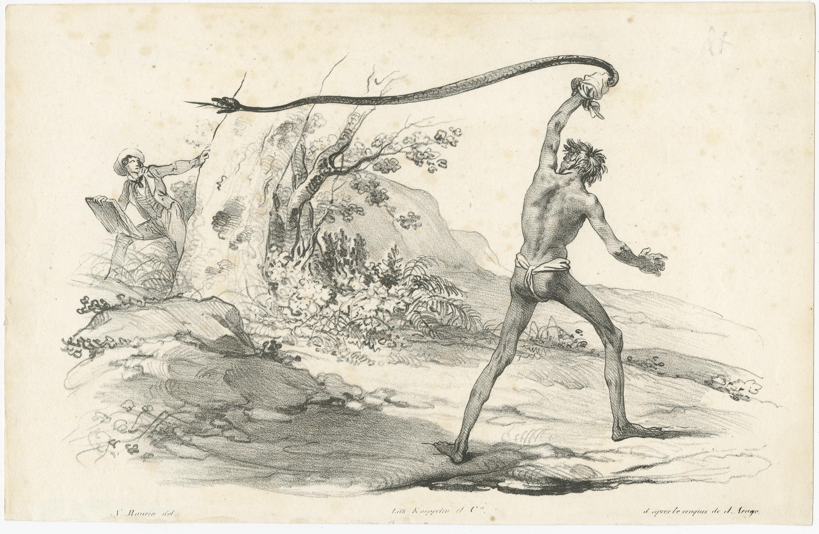 Antique print titled 'Le Serpent Noir'. This print shows the encounter with a black snake. Plate to 'Souvenirs d'un aveugle (blind man)' by Jacques Etienne Victor Arago (1790 - 1855). A French writer, artist and explorer, Arago joined Louis de