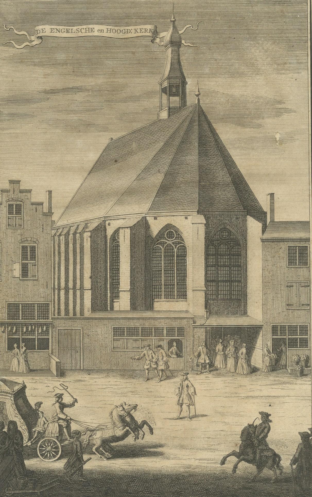 Antique print titled 'De Engelsche en Hoogd. Kerk'. View of the English and German Church situated in Noordeinde in The Hague. This former chapel of the Sacrament Hospital (R.K. Sacramentshospitaal) was used by the Anglican Church from 1586 to 1840