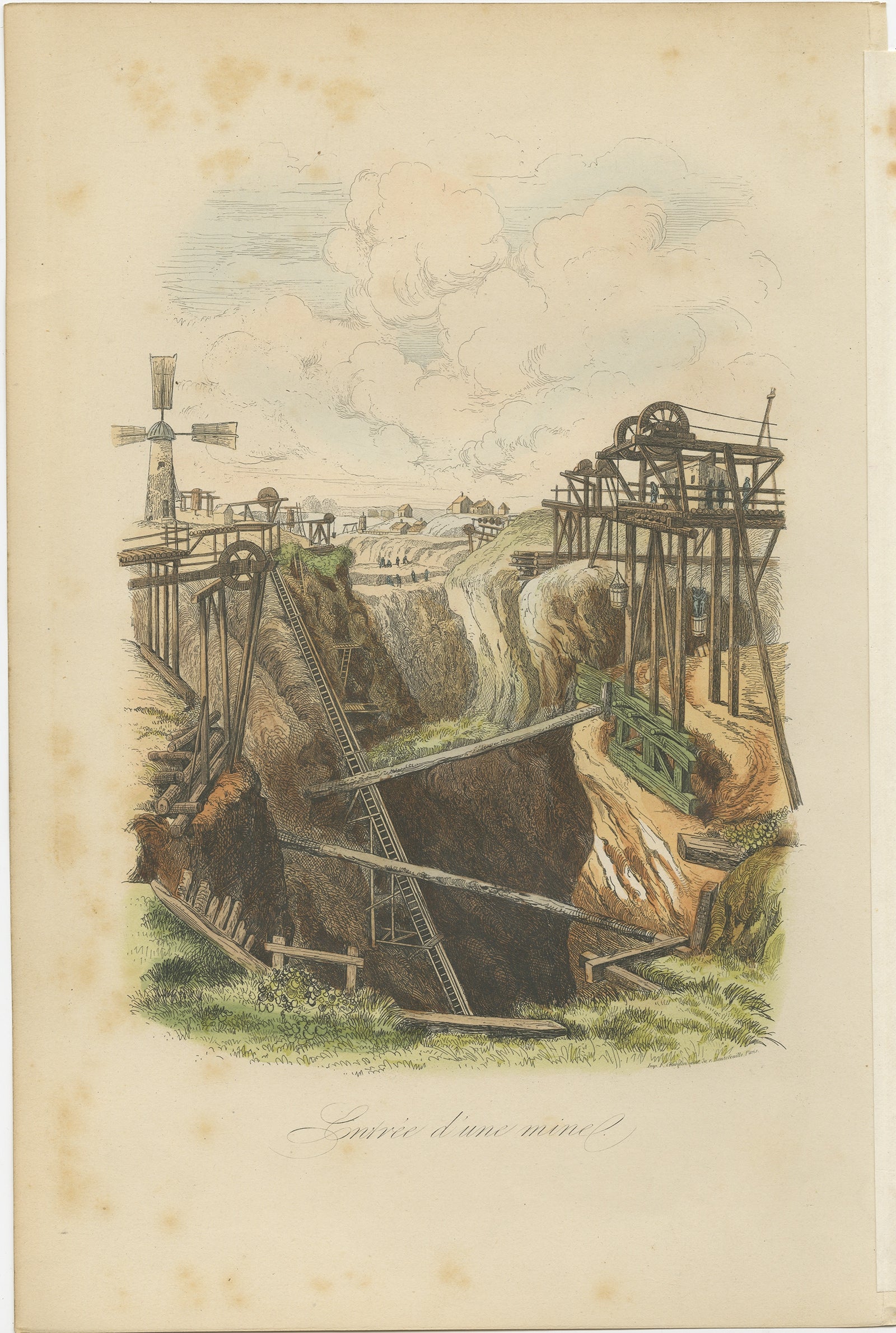 Antique print titled 'Entrée d'une mine'. Print of the entrance to a mine. This print originates from 'Musée d'Histoire Naturelle' by M. Achille Comte.

Artists and Engravers: Published by Gustave Havard.

Condition: Good, general age-related