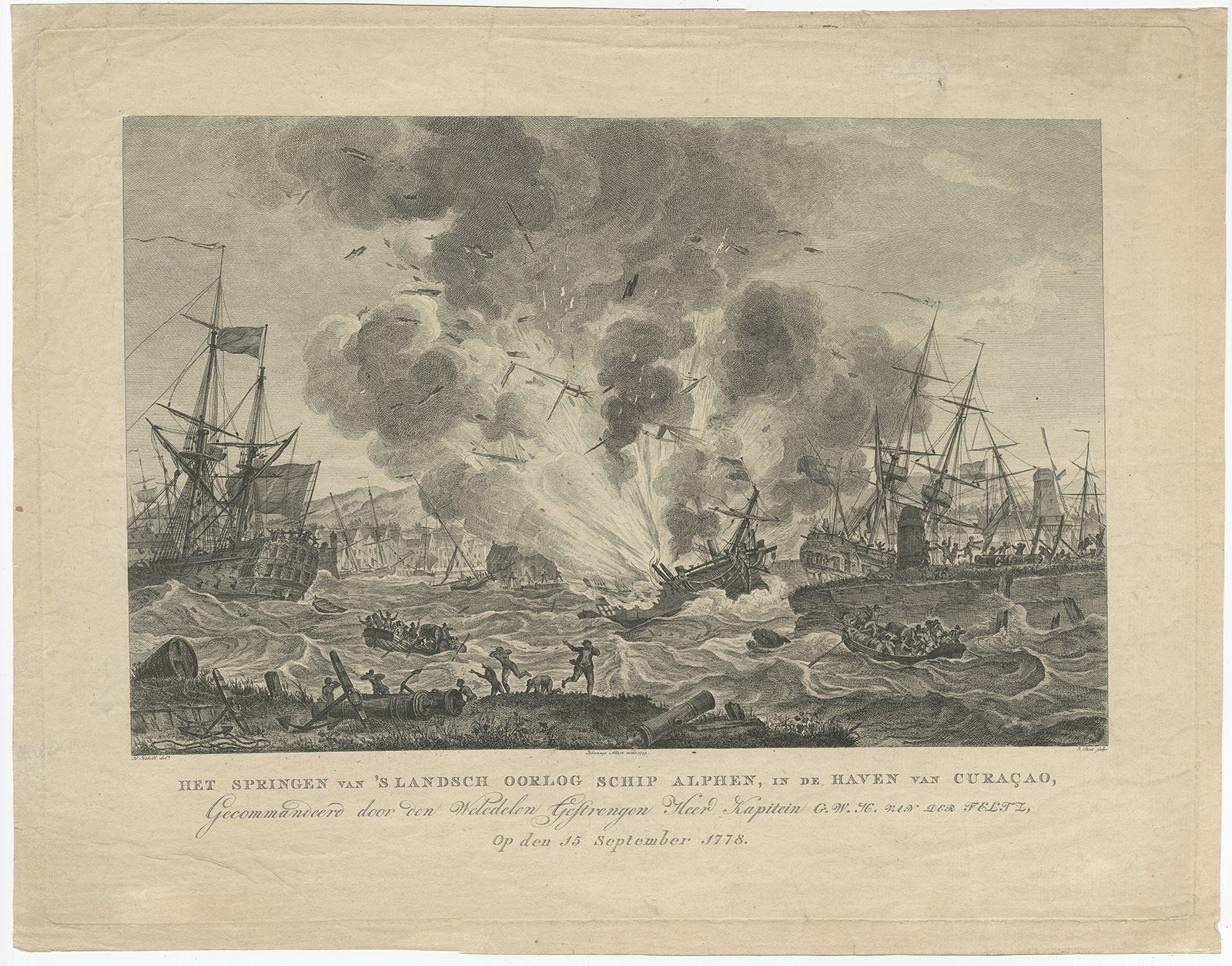 Antique print titled 'Het springen van 's Landsch Oorlog Schip Alphen, in de haven van Curacao, gecommandeerd door den weledelen Gestrengen heer Kapitein G.W.H. van der Feltz, op den 15 September 1778'. This print depicts the exploding of the