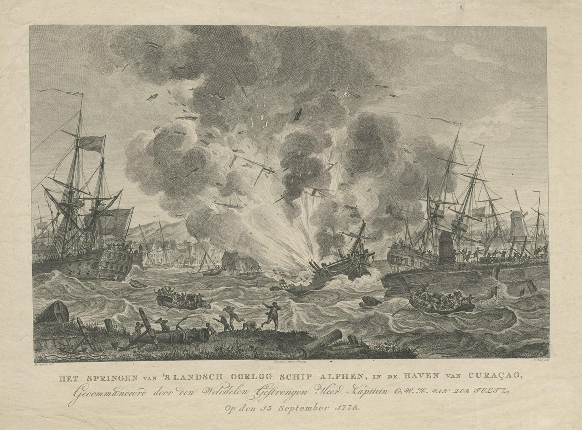 Paper Antique Print of the Exploding of the 'Alphen' in the Harbour of Curacao, 1779 For Sale