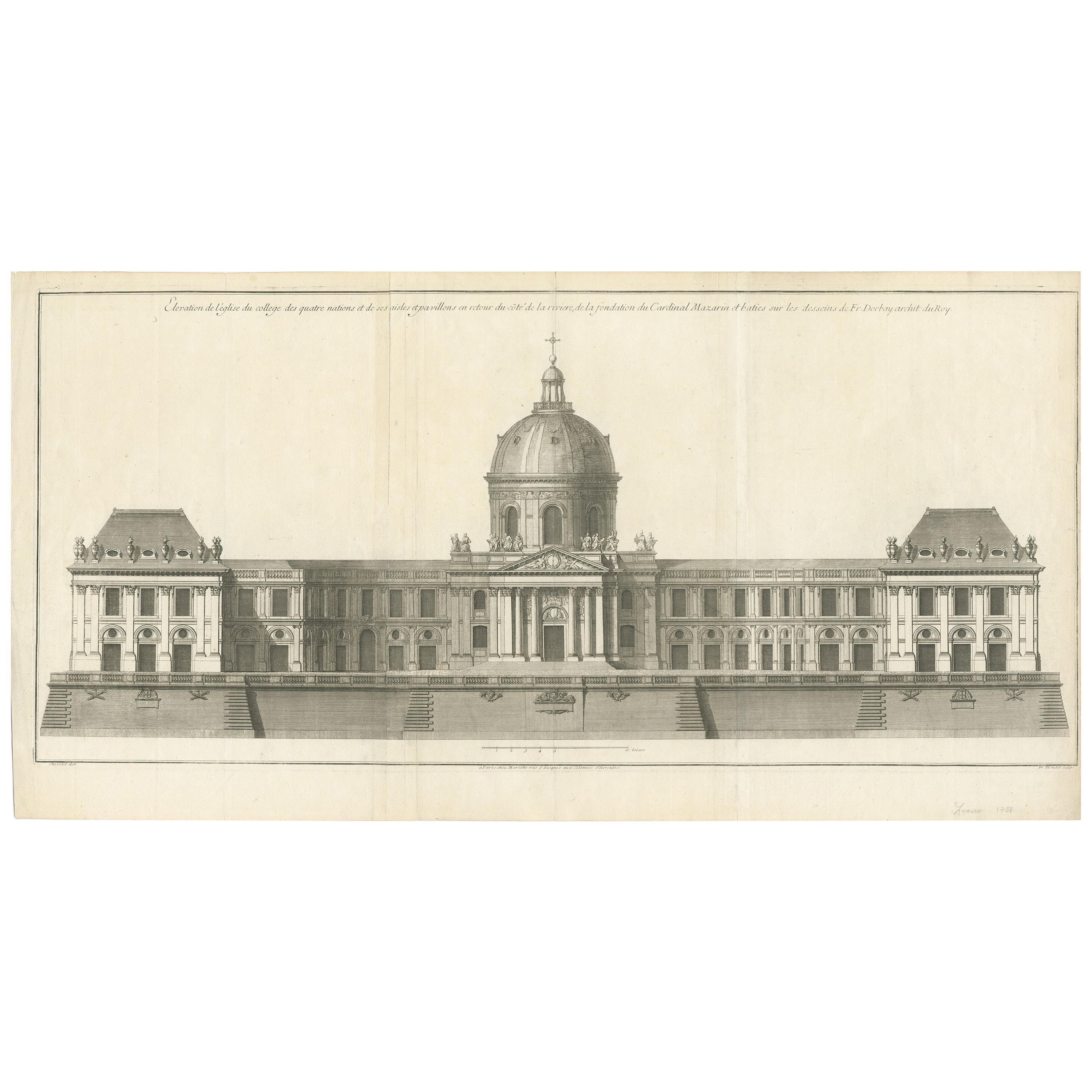Antique Print of the Facade of the Collège des Quatre-Nations by Mariette '1738'