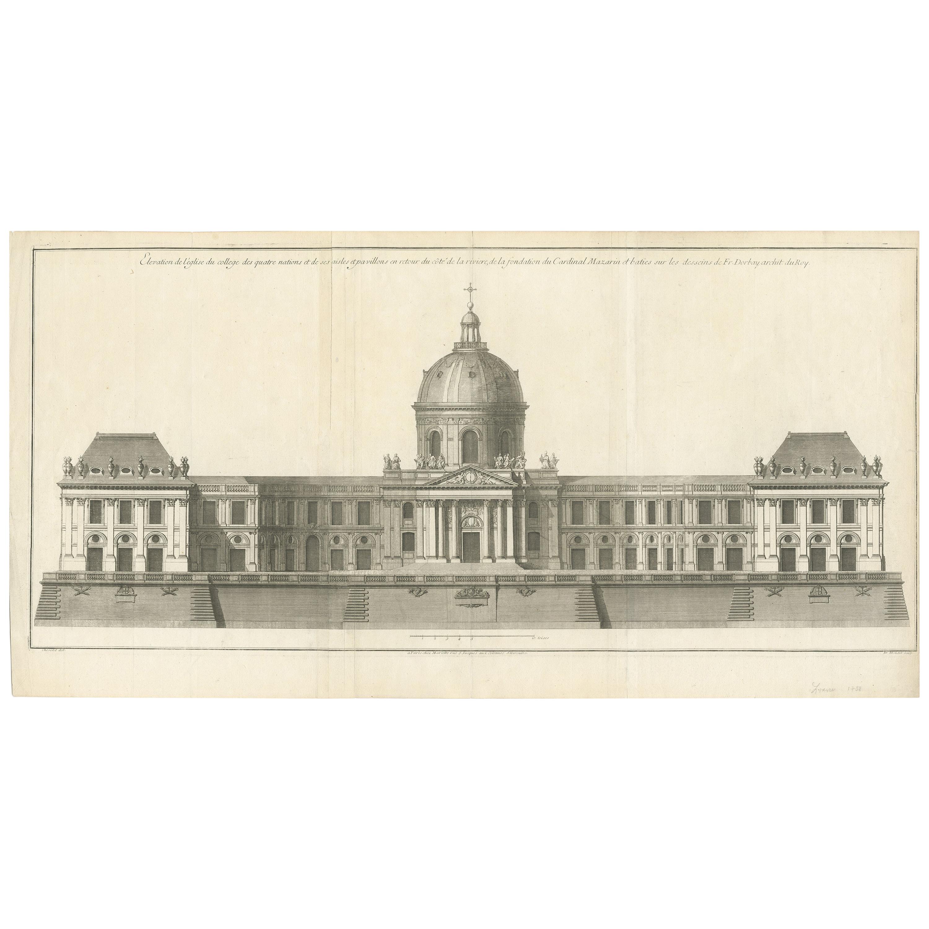 Antique Print of the Facade of the Collège des Quatre-Nations by Mariette '1738' For Sale