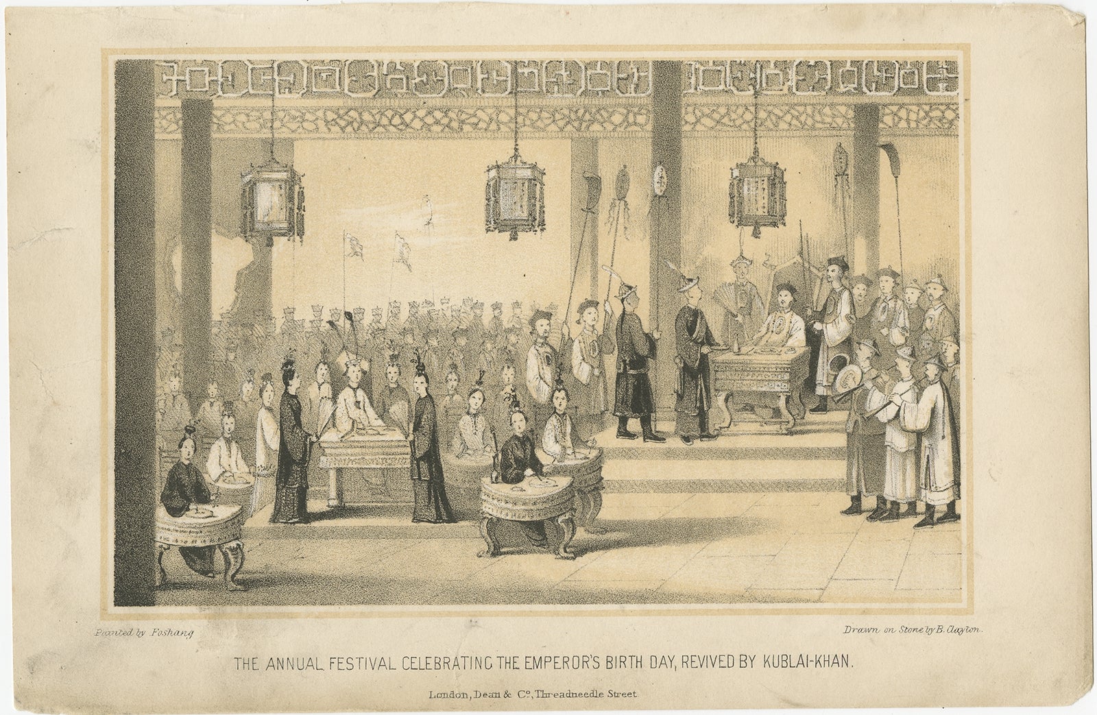 Antique print titled 'The Annual Festival celebrating the Emperor's birthday, revived by Kublai-Khan'. Lithograph of the festival celebrating the Emperor's birthday, China. This print originates from 'The History of China & India, Pictorial &