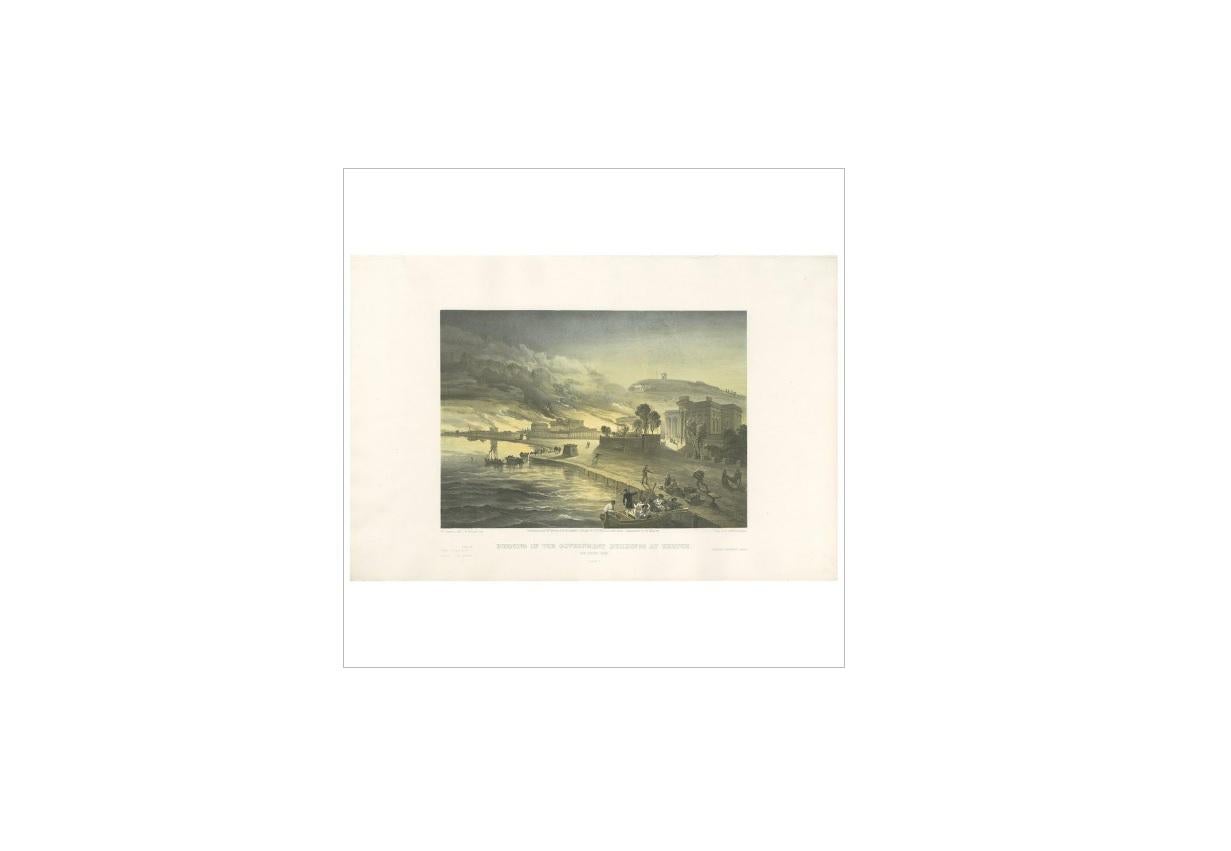 Grabado antiguo del Incendio en Kertch 'Guerra de Crimea' por W. Simpson, 1855 en Bueno estado para la venta en Langweer, NL