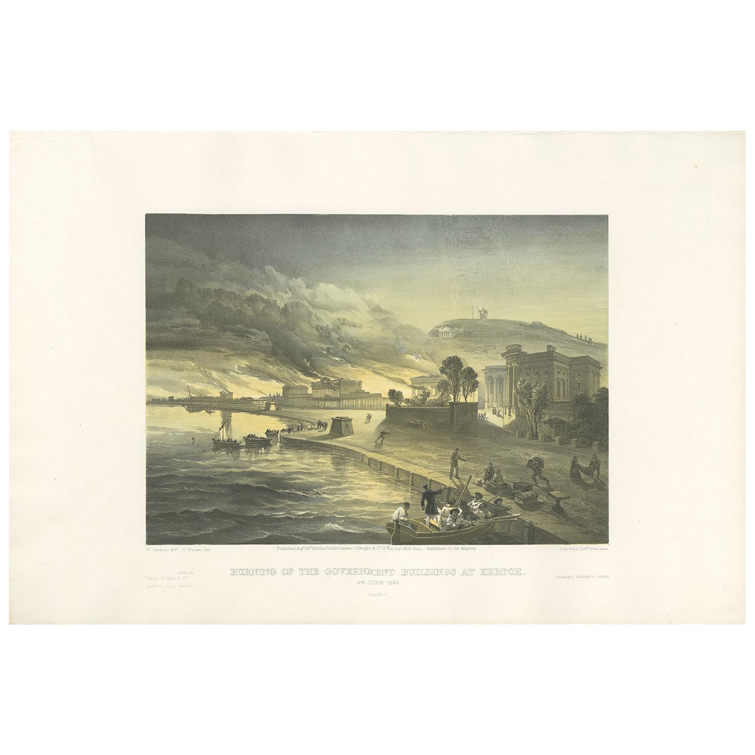 Grabado antiguo del Incendio en Kertch 'Guerra de Crimea' por W. Simpson, 1855 en venta