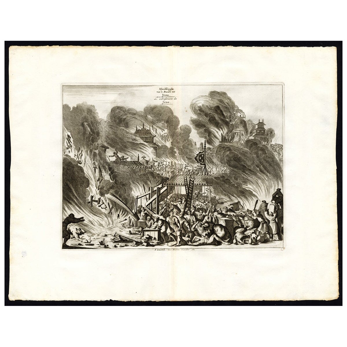 Antiker Druck des Feuers in Edo von Van Der Aa, um 1725 im Angebot