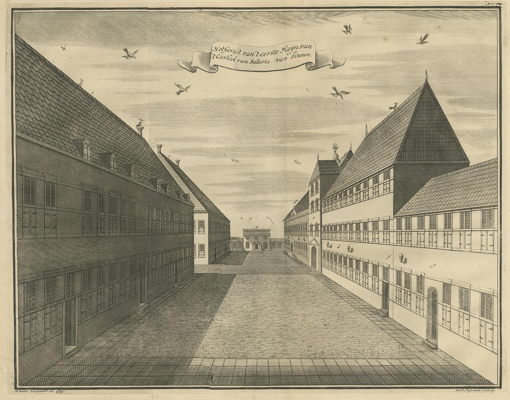 Impression ancienne de la première carrée du château de Batavia par Valentijn, 1726 Bon état - En vente à Langweer, NL
